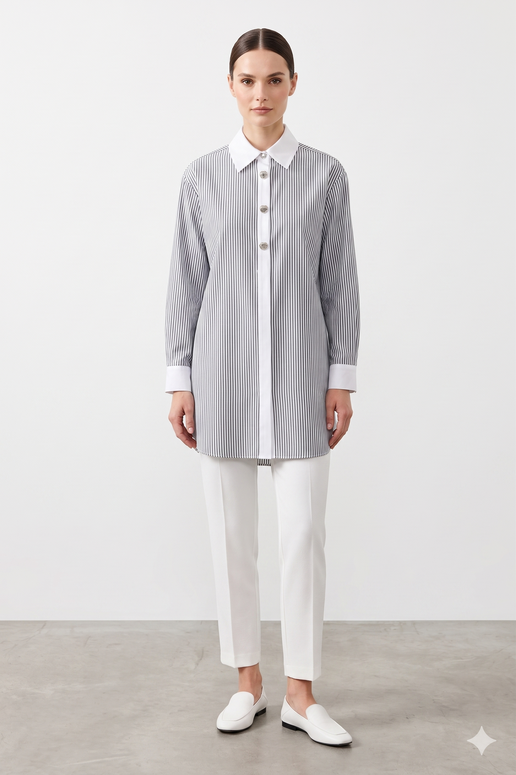 Üç Farklı Düğme Detay Çizgili Tunik 1520 - Siyah