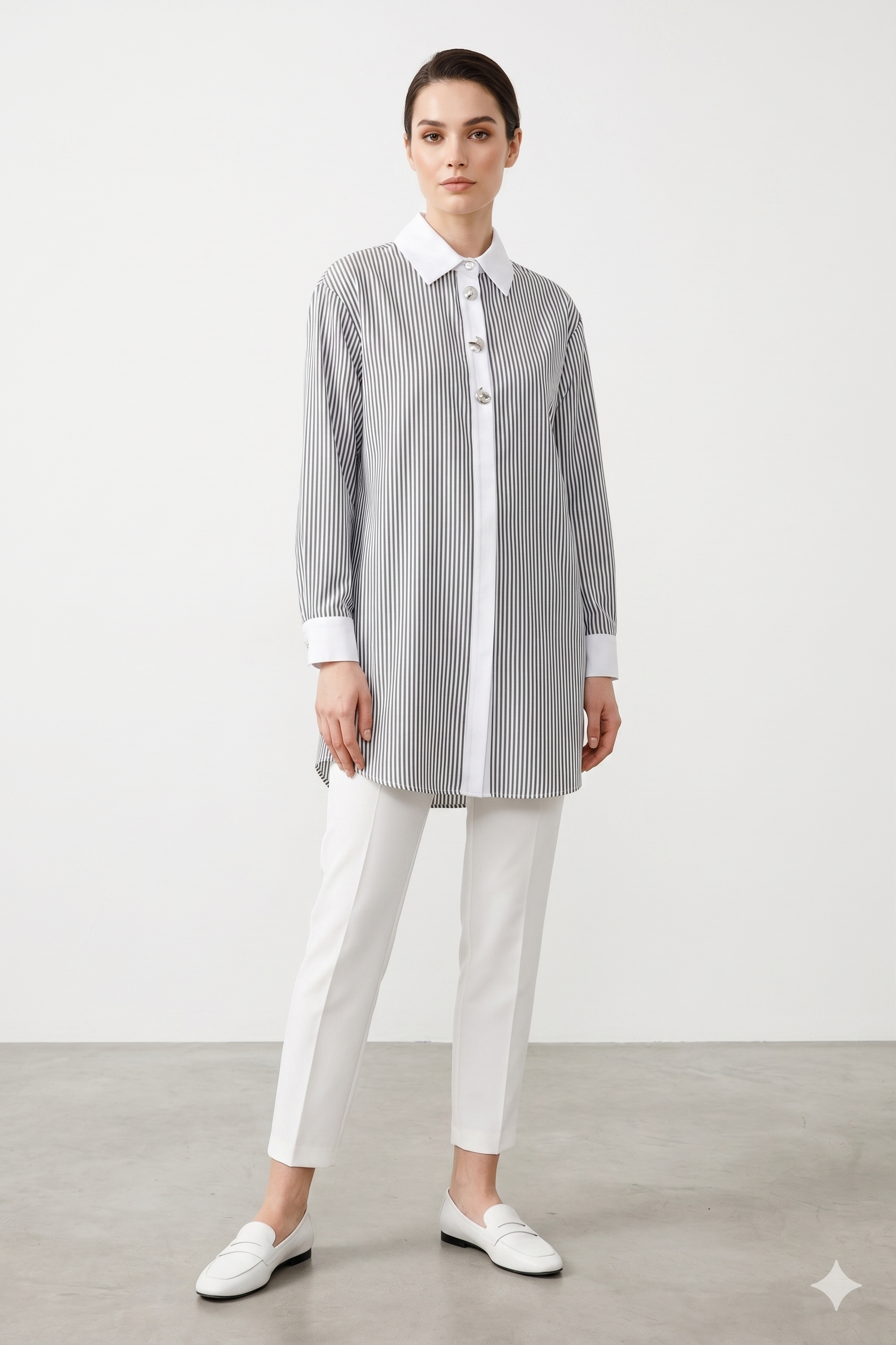 Üç Farklı Düğme Detay Çizgili Tunik 1520 - Kahve