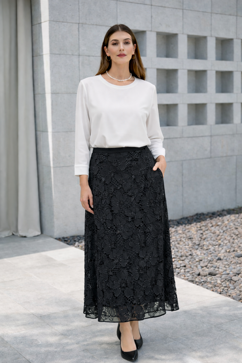 Fuat Gürşen 5404 Güpür Üzeri Boncuk İşlemeli Etek - Siyah