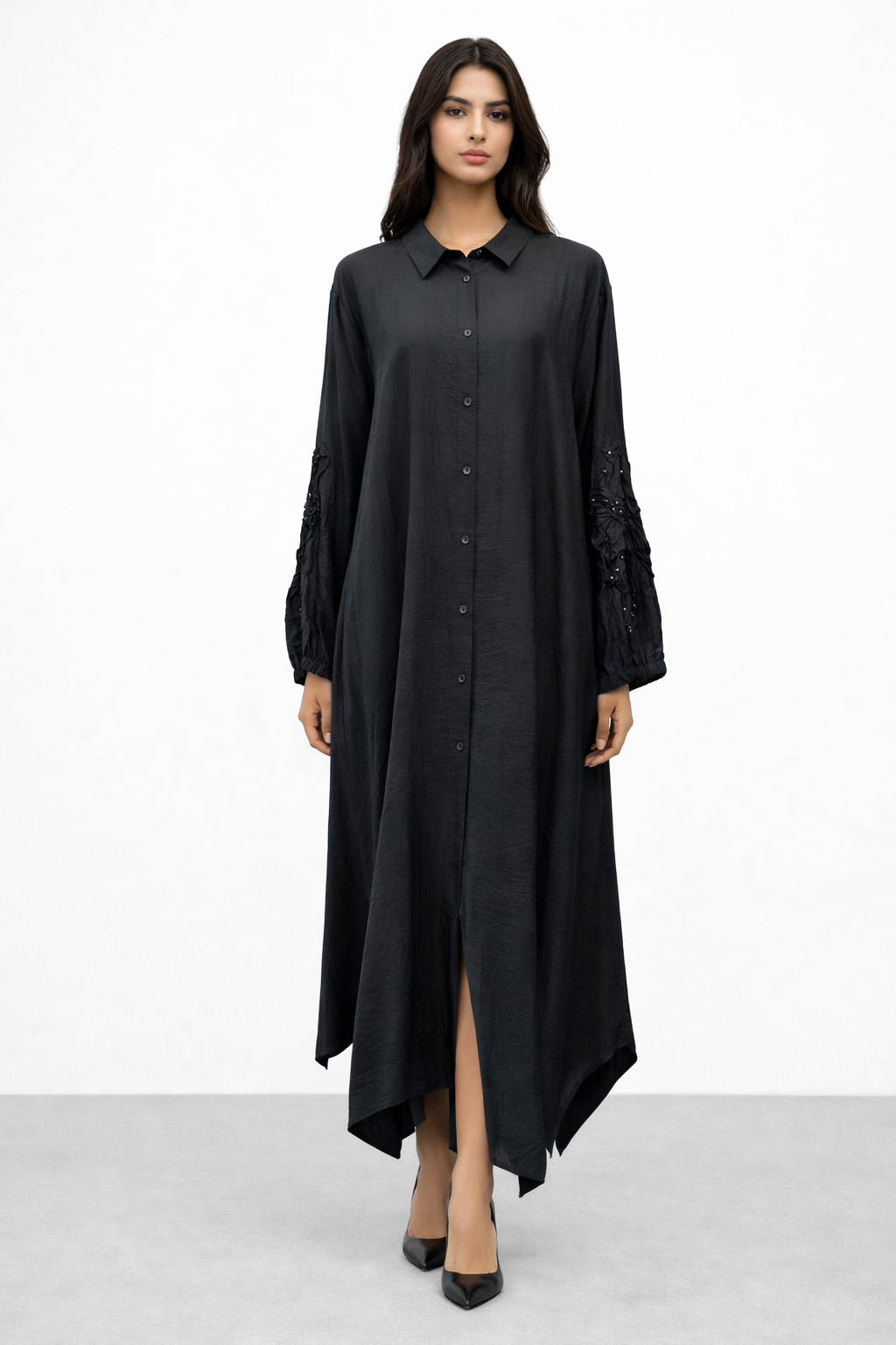 Micca 261559 Kol Çiçeği Taş İşlemeli Ferace - Siyah