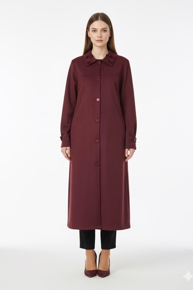 Fuat Gürşen 4629 Büyük B. Yaka Çiçek Aplikeli Kap - Bordo