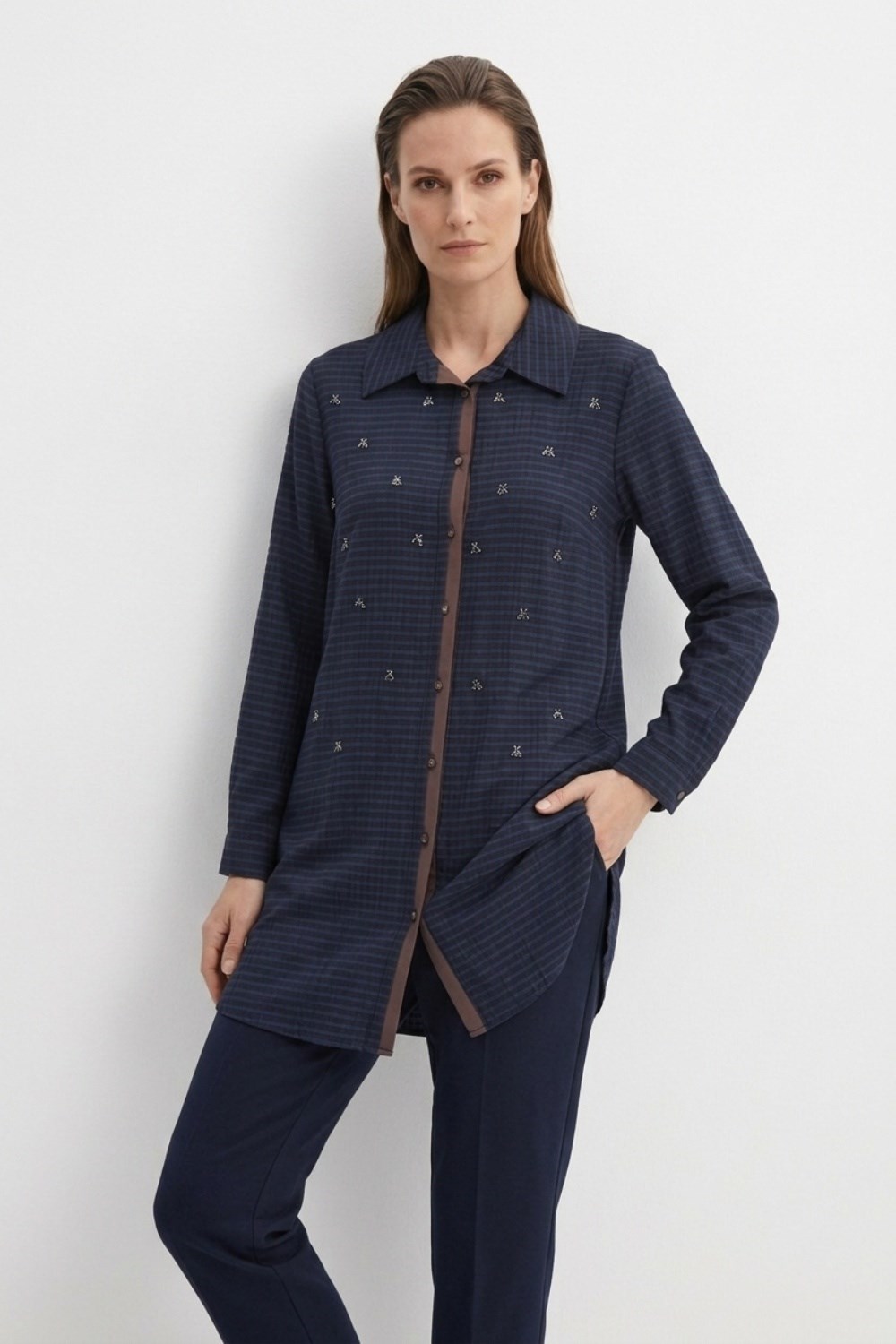 Fuat Gürşen 6304 Serpme Taş İşlemeli Tunik - Lacivert Tunik FUAT GÜRŞEN 