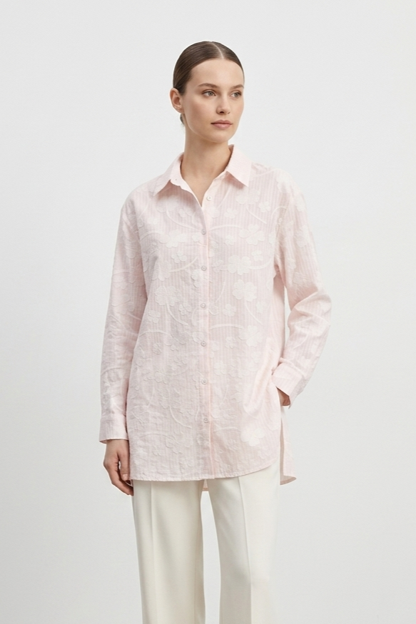 Çiçek Nakış Desenli Gömlek Tunik 260142 - Pembe