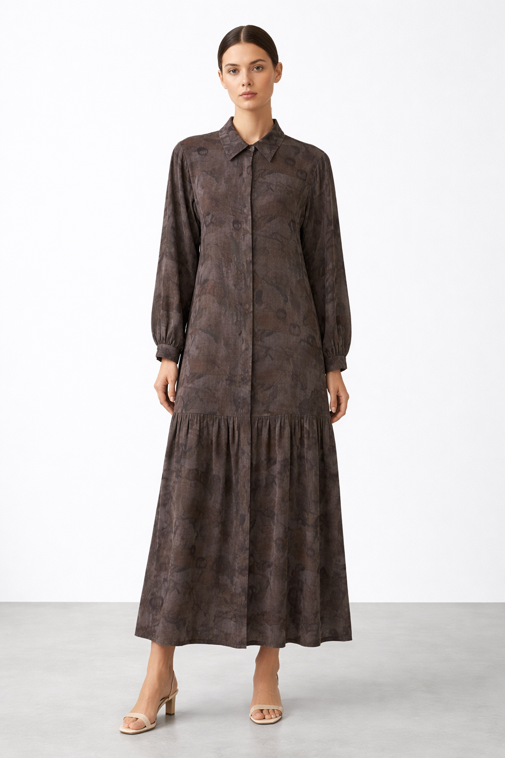 Nuss 2038 İpek Qupra Ebruli Desen Elbise - Kahve