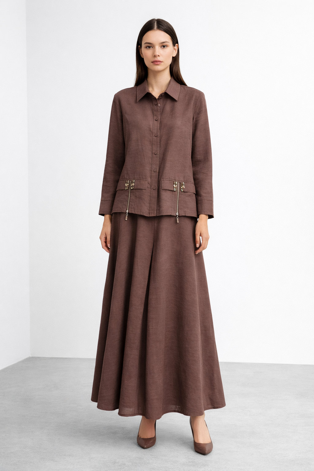 Ceremony 26Y905 Önü Fermuarli Aller Detaylı Etekli Takım - Kahverengi