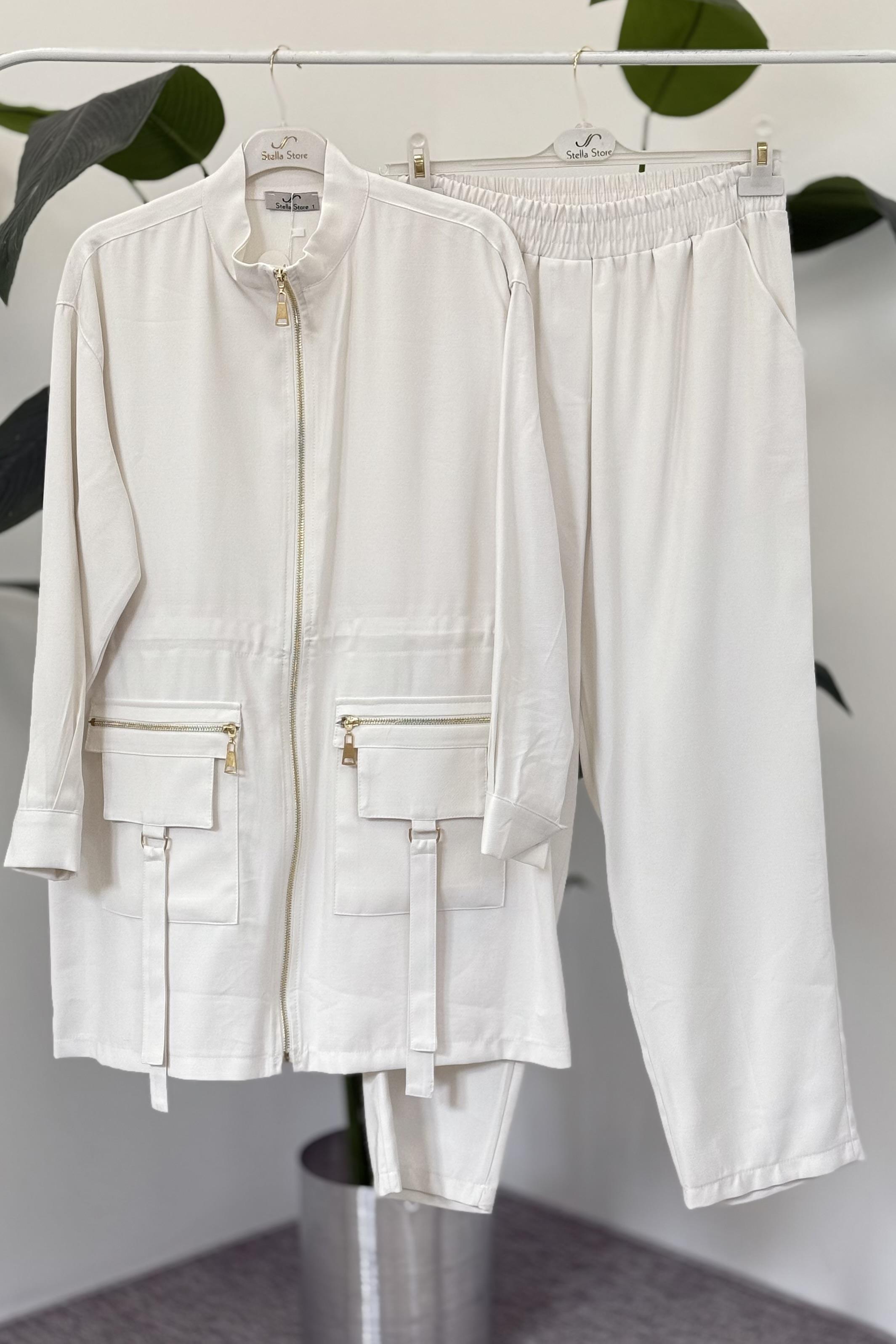 Cepleri Fermuar Detaylı Pantolonlu Takım 1377 - Ekru