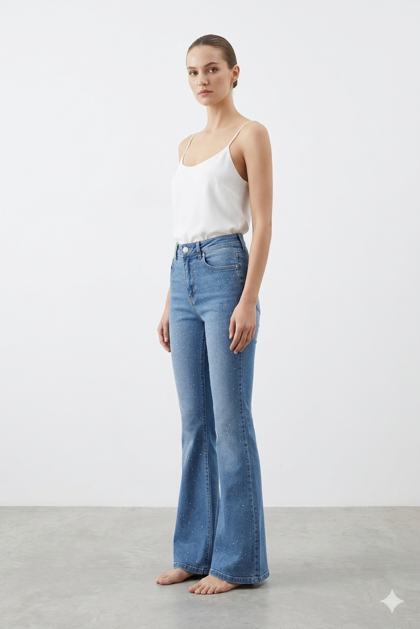 İspanyol Paça Damla Taş İşlemeli Pantolon 4000-DT - OMD