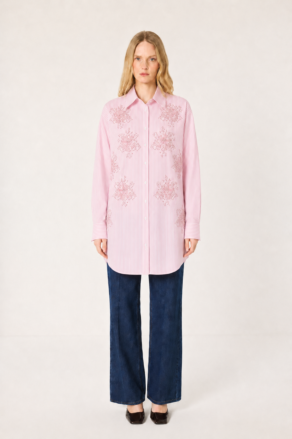 Çizgili Boncuk Detaylı Poplin Gömlek 1542 - Pembe