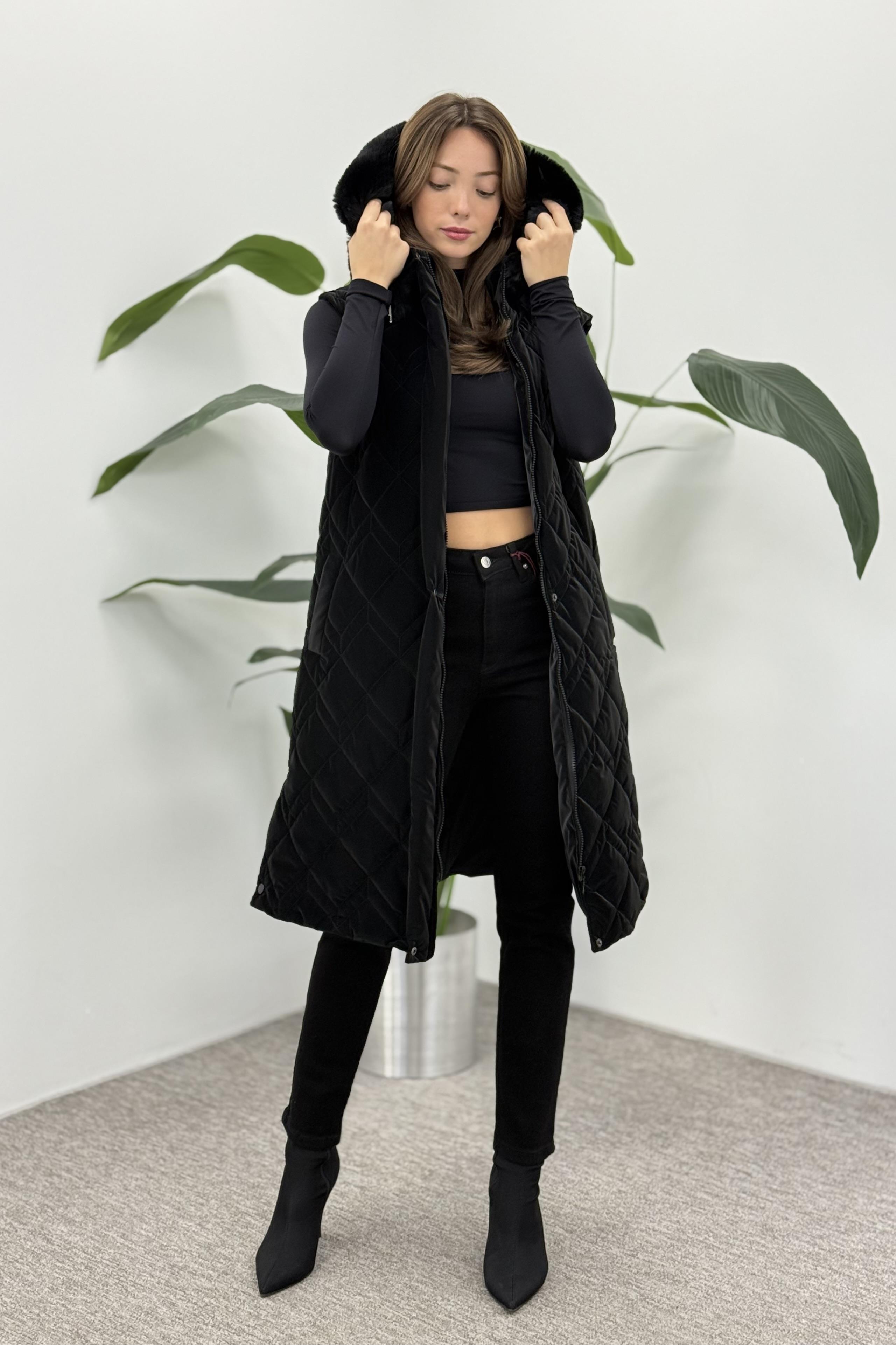 Armine Trend 25KT505 Kürk Kapüşonlu Kapitone Yelek - Siyah