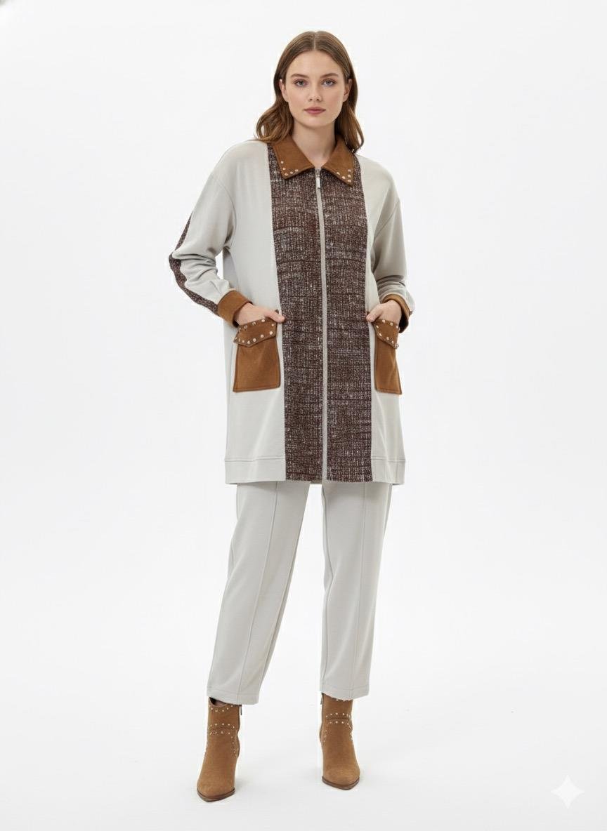 Cep ve Yaka Zımba Detay Pantolonlu Takım 1411 - Taş