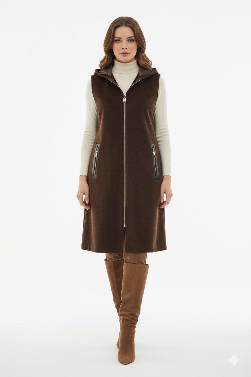 Deri Detaylı Kapüşonlu Yelek 1433 - Kahve