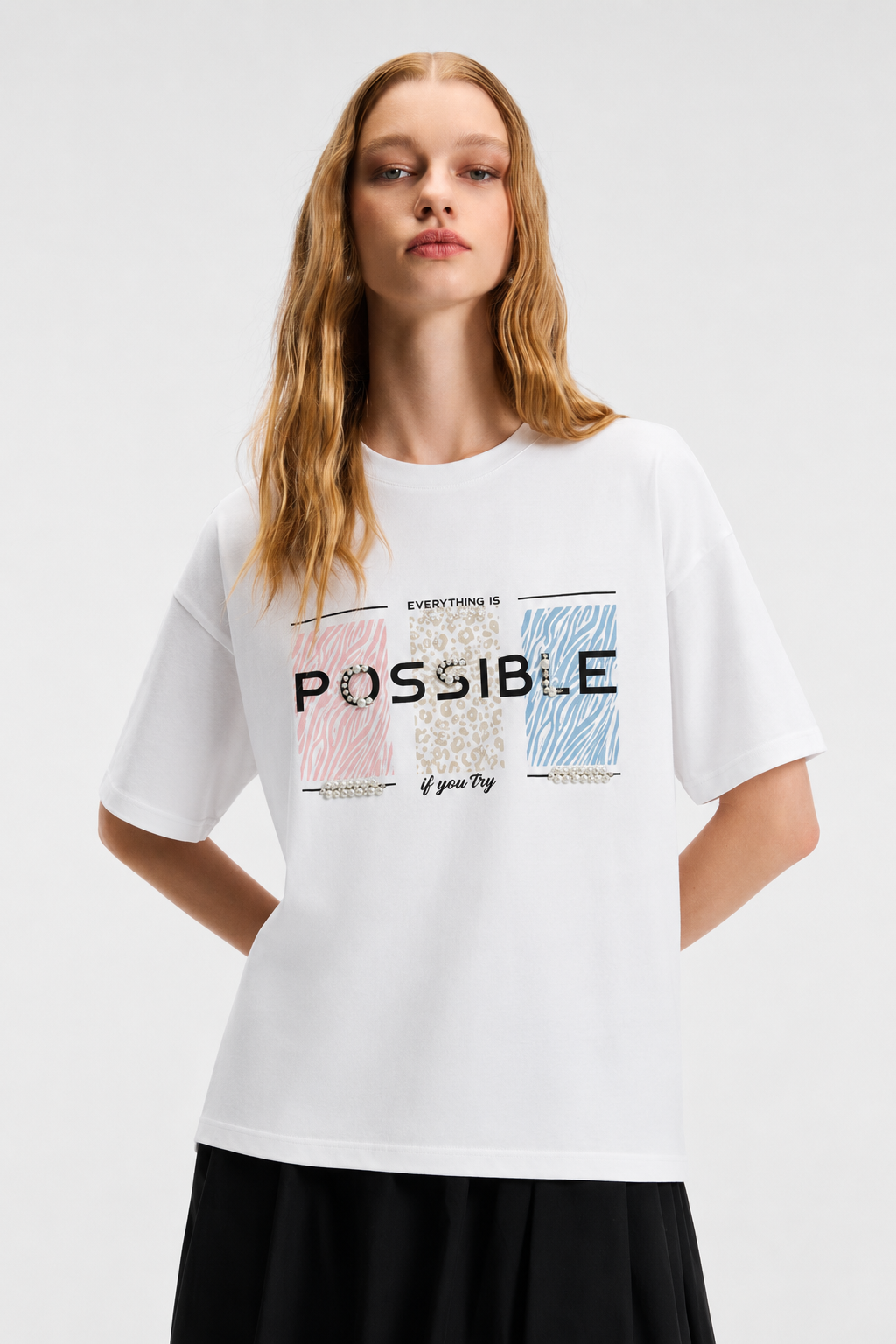 Possbile Yazısı Taş İşlemeli Tshirt 3055 - Beyaz