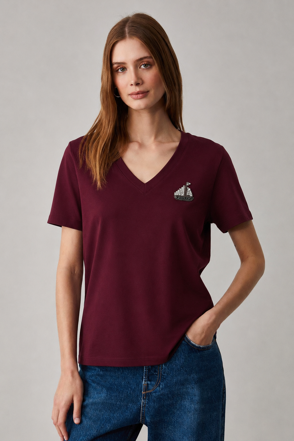 Gemi Aksesuarlı V Yaka Tshirt 4052 - Bordo