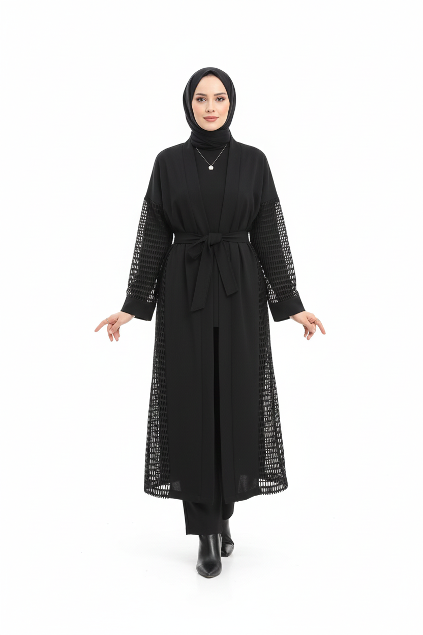 Armine Trend 25KT561 File Detay Uzun Hırka - Siyah