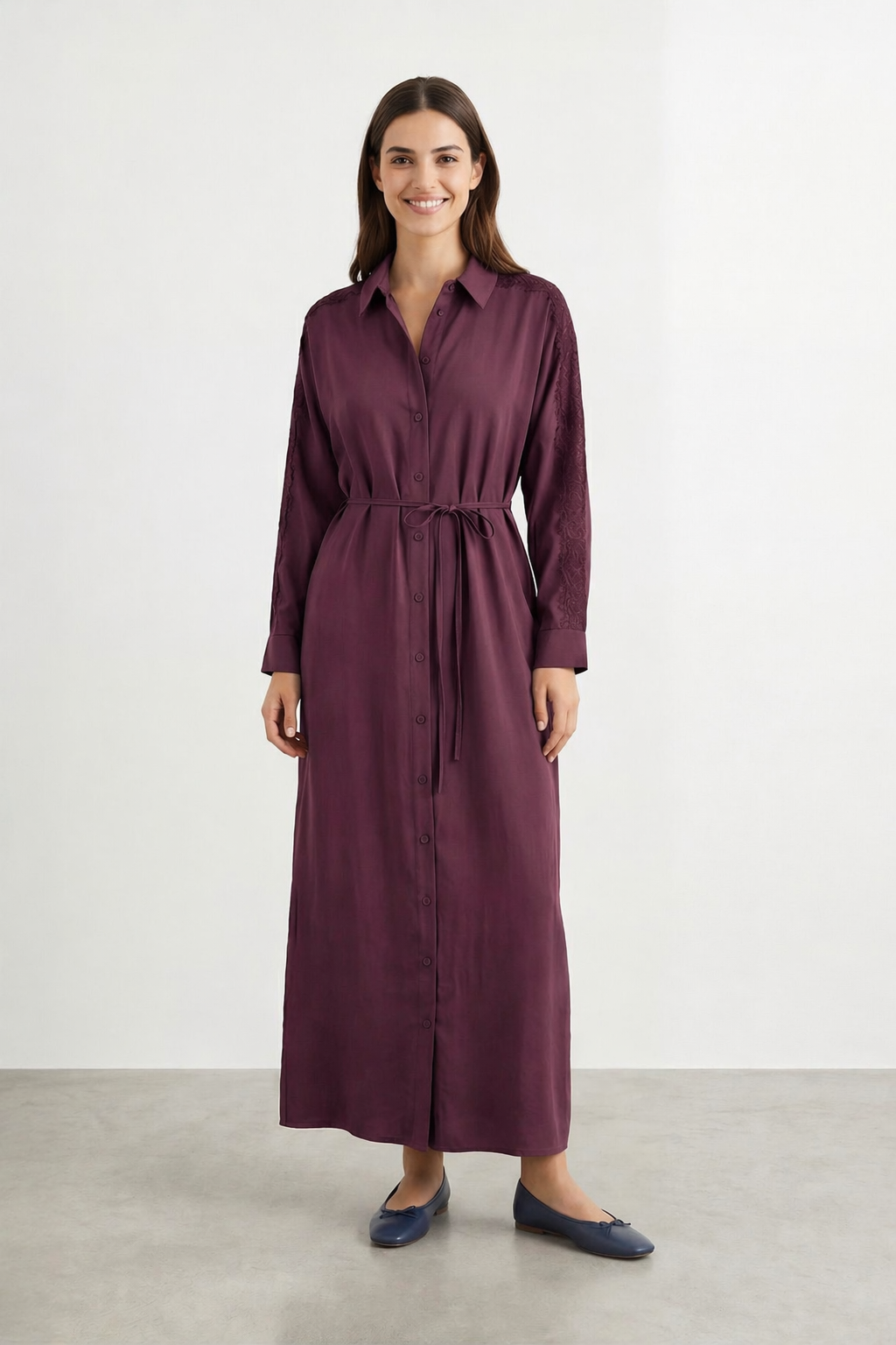 Kol Güpür Detay Elbise 12682 - Burgundy