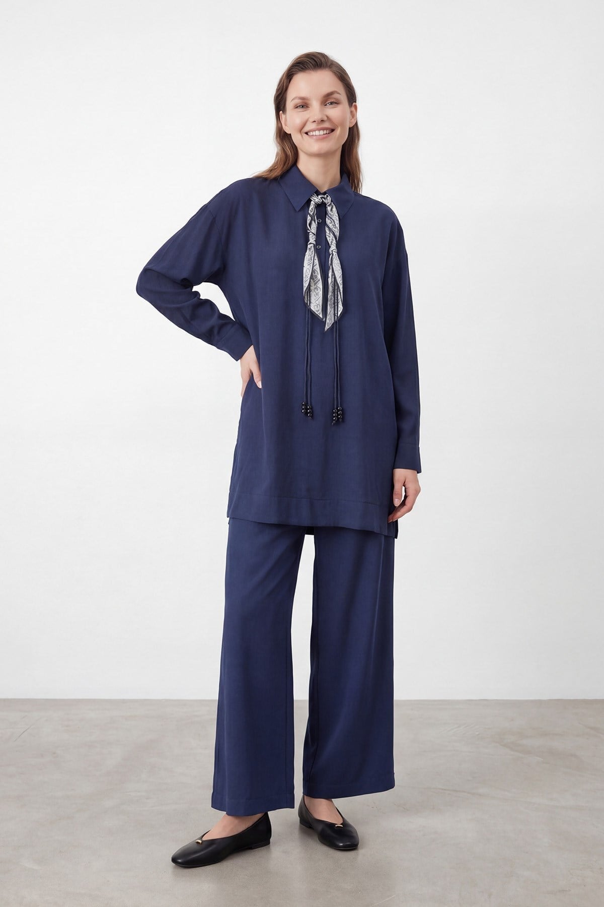 Fular Detaylı Pantolonlu Takım 14478 - F.Navy