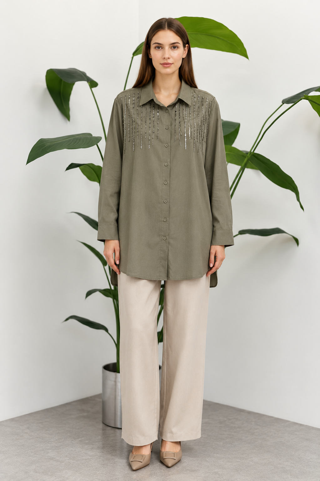 Omuzu Boncuk Detaylı Tunik 10794 - Haki