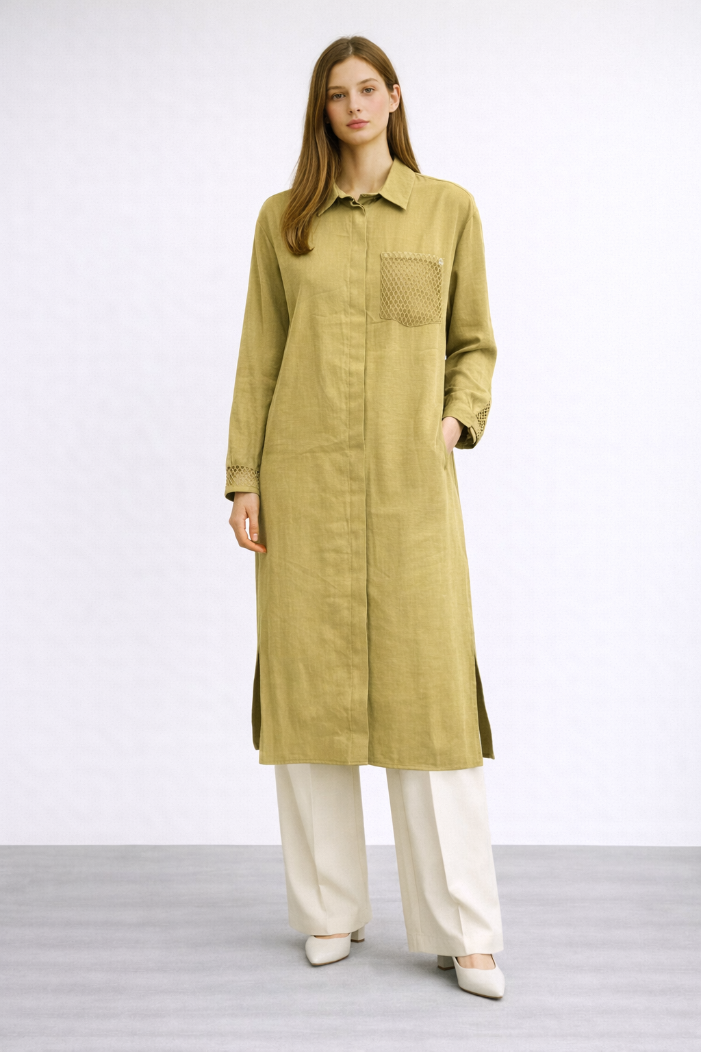 Armine Trend 26YT458 File Detaylı Uzun Tunik - Yağ Yeşili