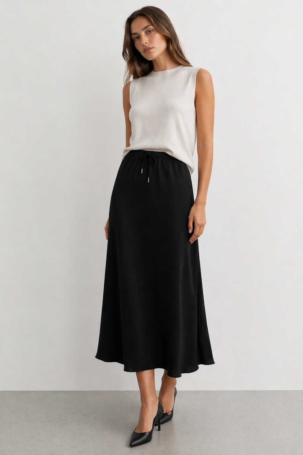 Beli İp Detay Astarlı Saten Etek 3020 - Siyah