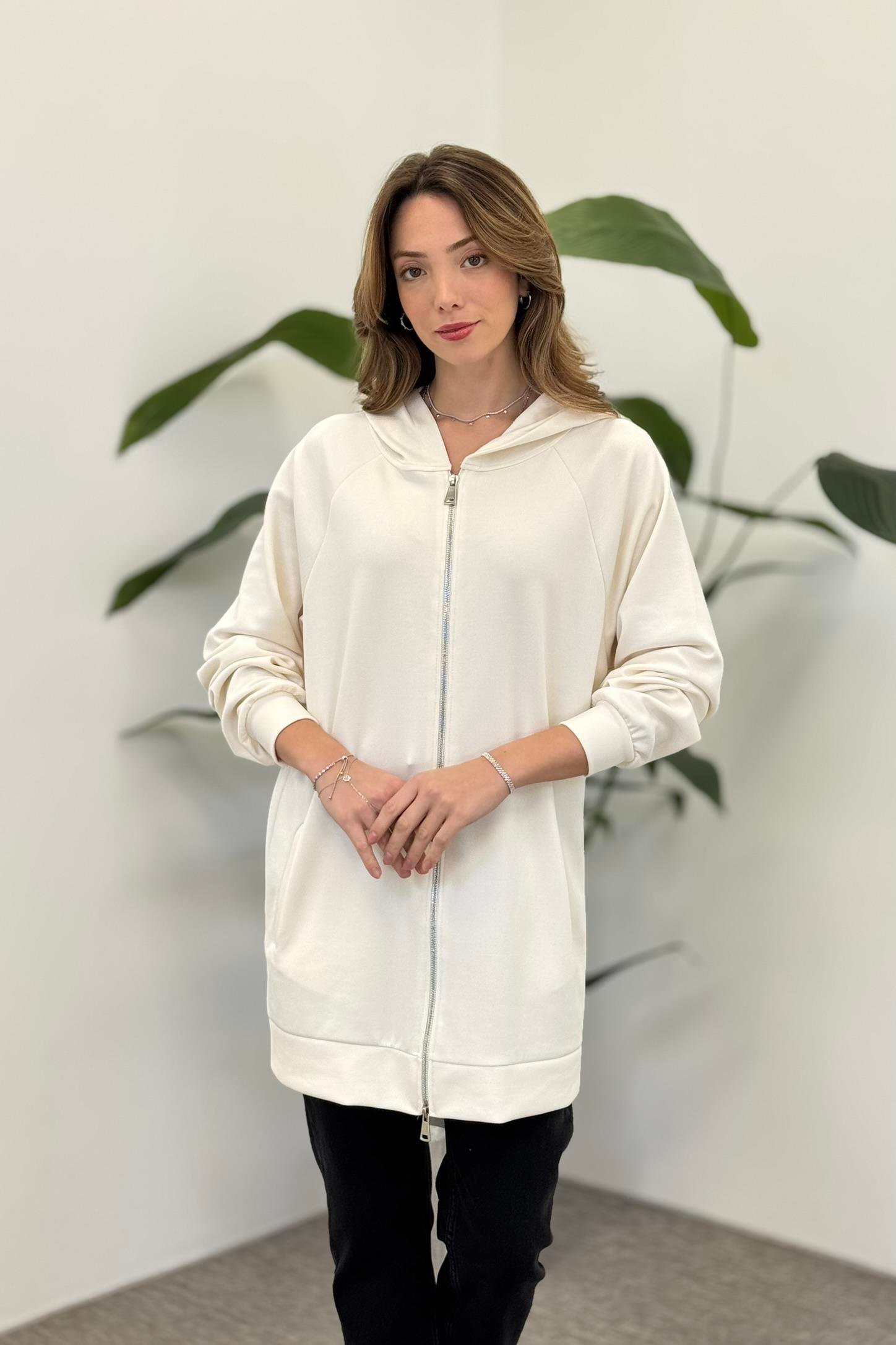 Fermuar ve Kapüşon Detaylı Kap 250309 - Vanilya