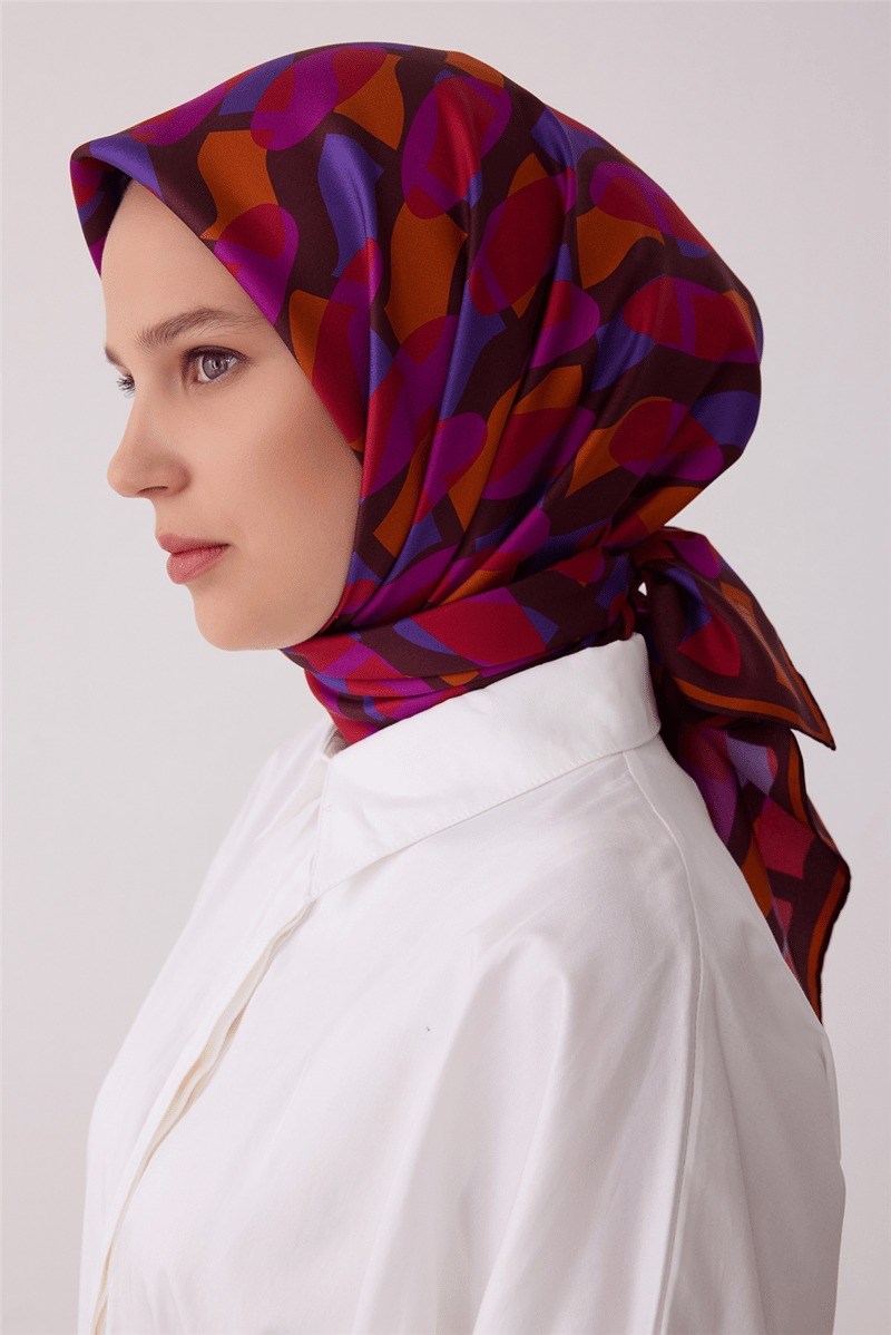 Belli 4420 Pusula Çizgileri Geometrik %100 Twill İpek Eşarp - Mürdüm Eşarp BELLI 
