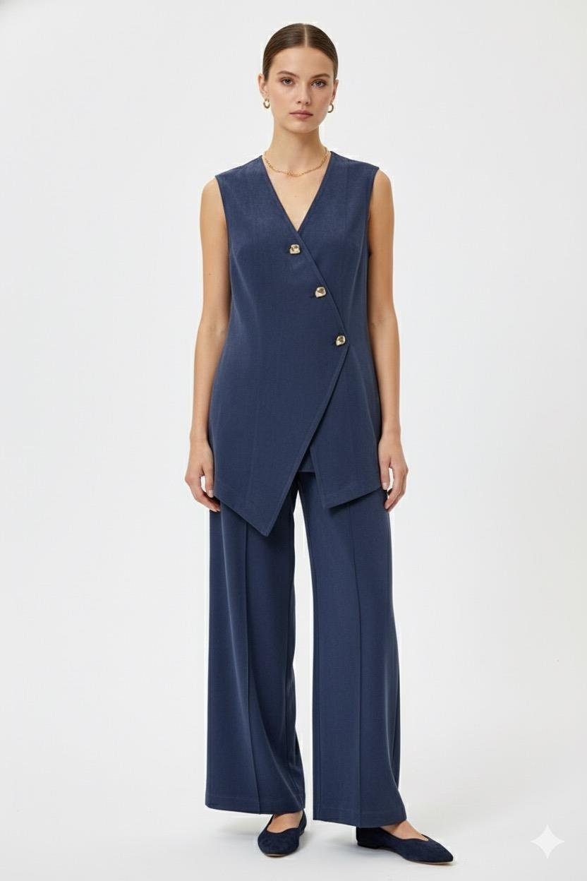 Asimetrik Gold Düğmeli Yelekli Takım 0035176 - Lacivert