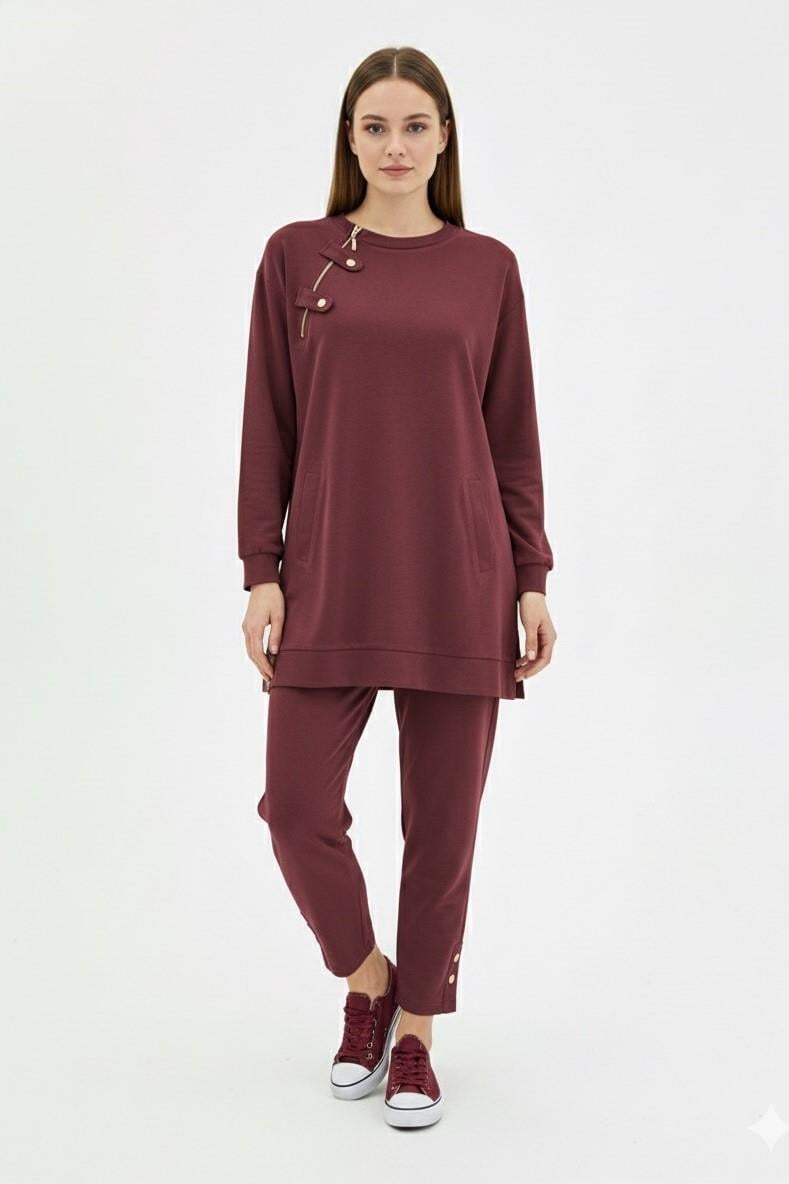 Yaka Fermuar Detay Pantolonlu Takım 14406 - Mürdüm