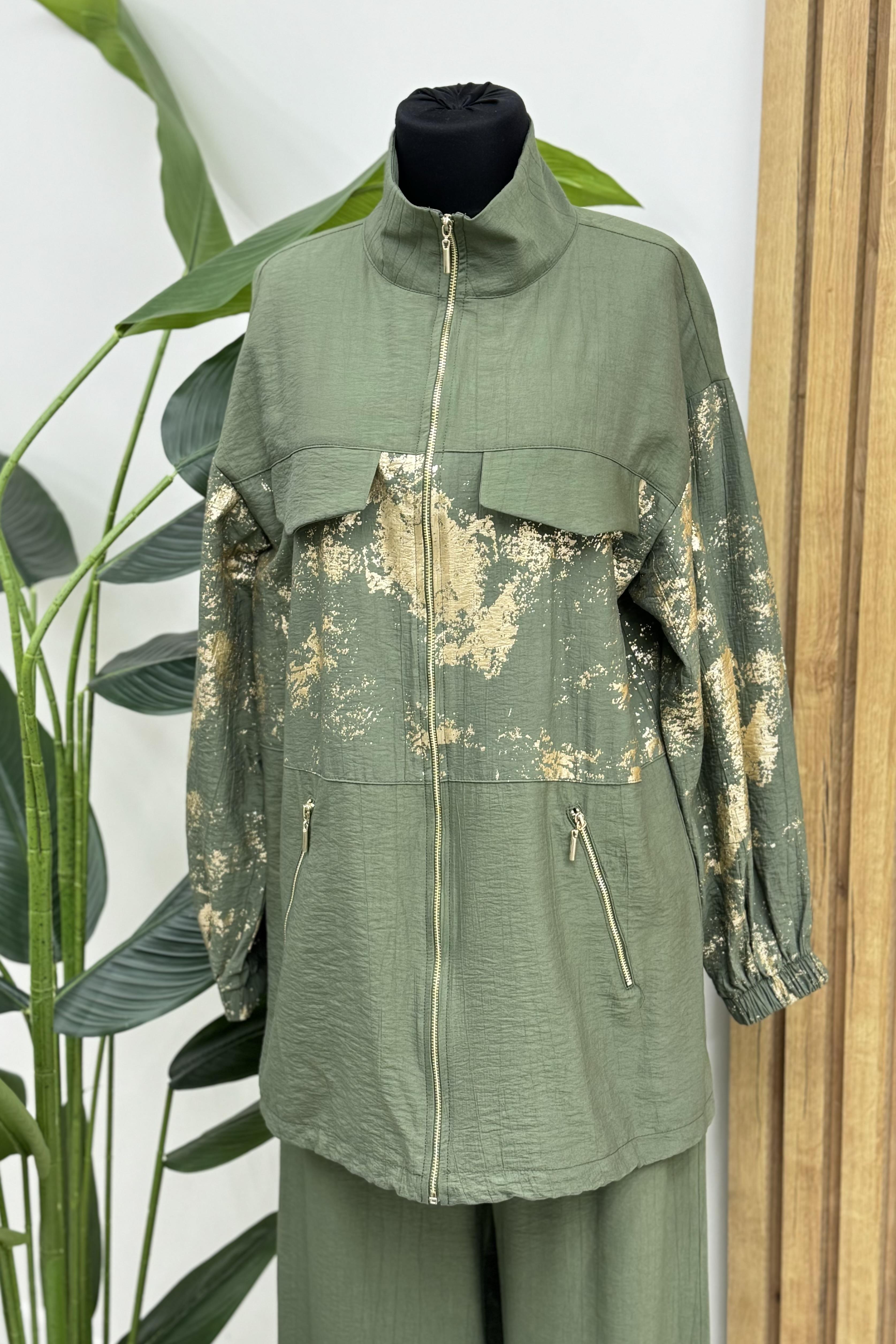 JUPE STORE Fermuar Ve Kol Jakarl Detaylı Pantolonlu Takım 8407 - Haki  Takım