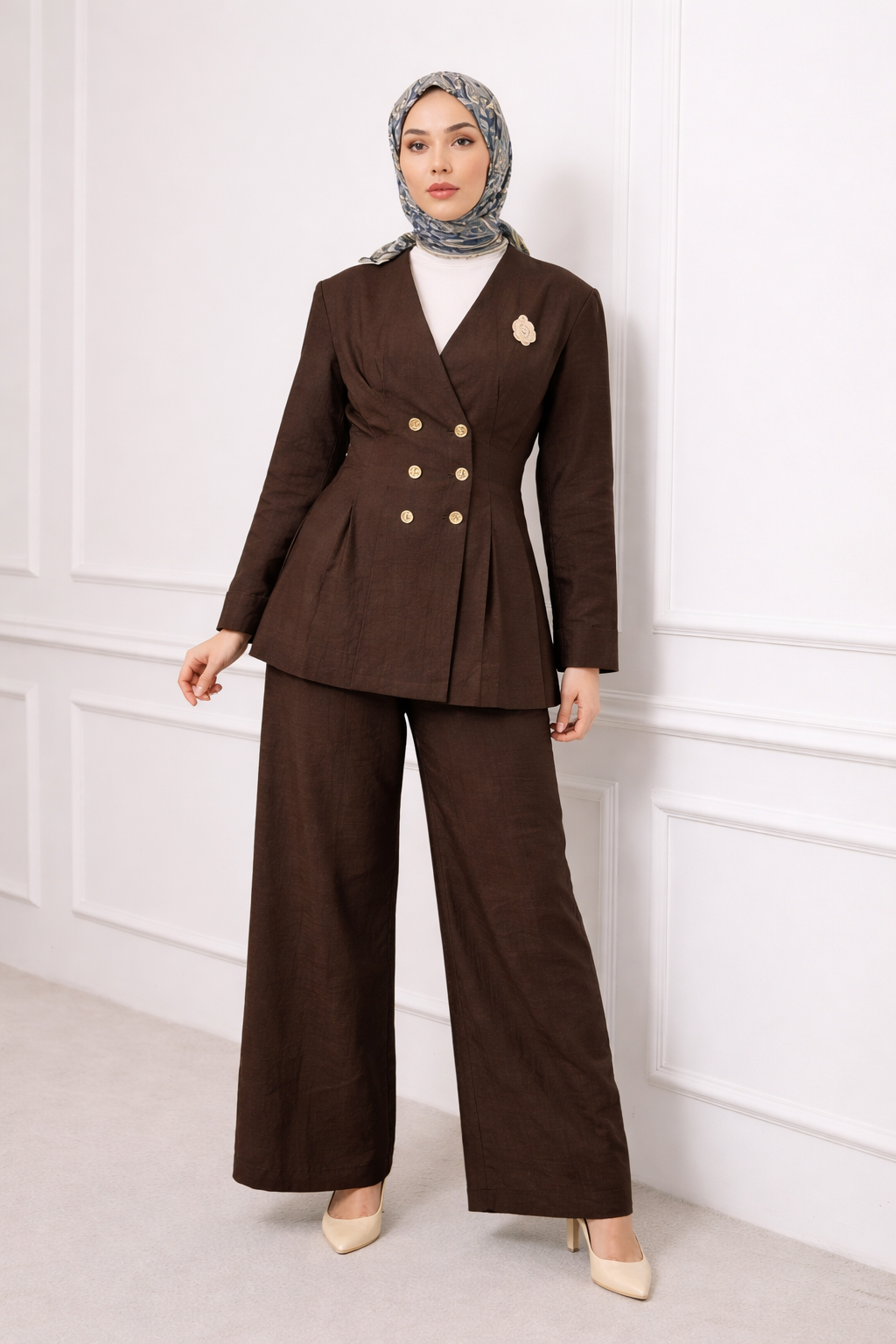 Blazer Düğmeli Pantolonlu Takım 250341 - Kahve