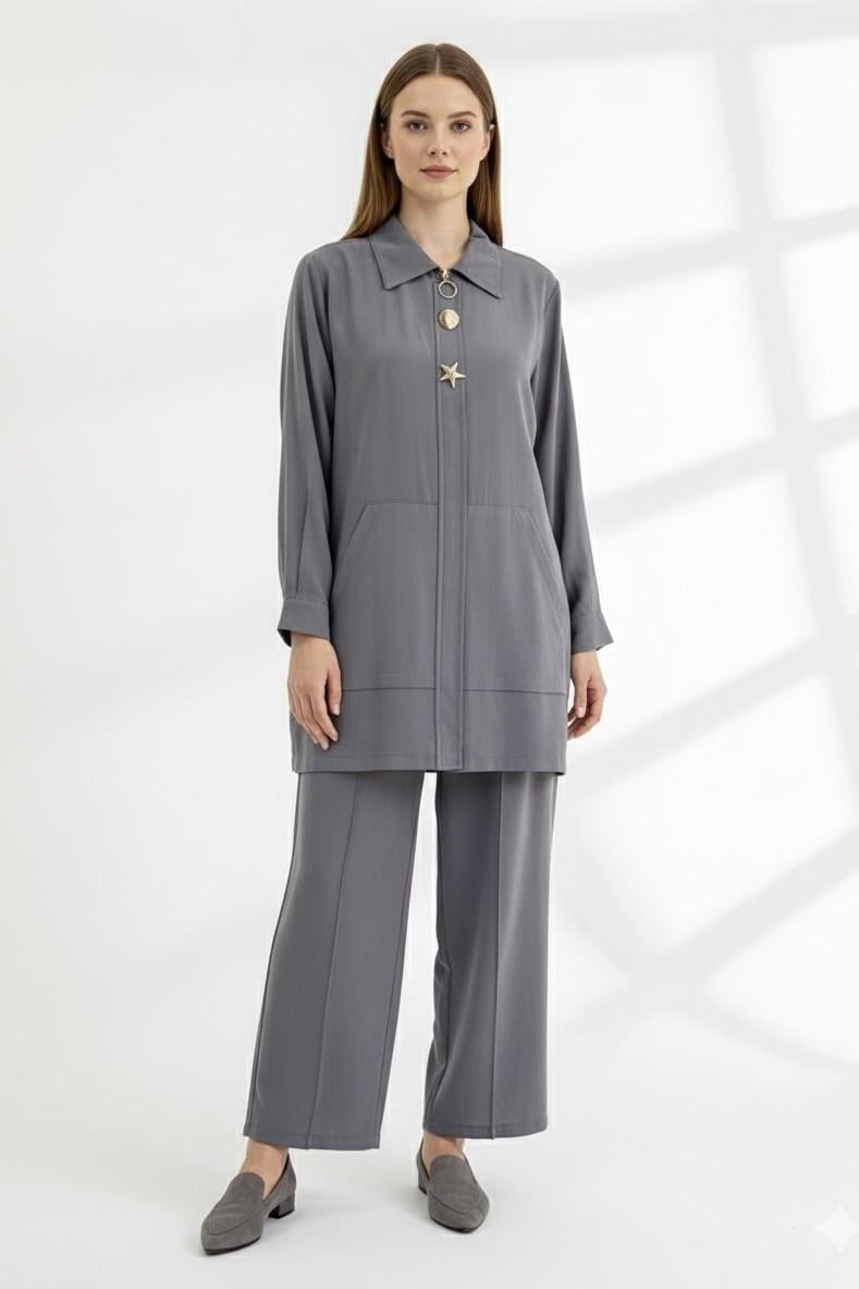 Kanguru Cep Yıldız Düğme Detaylı Pantolonlu Takım 1304 - Gri