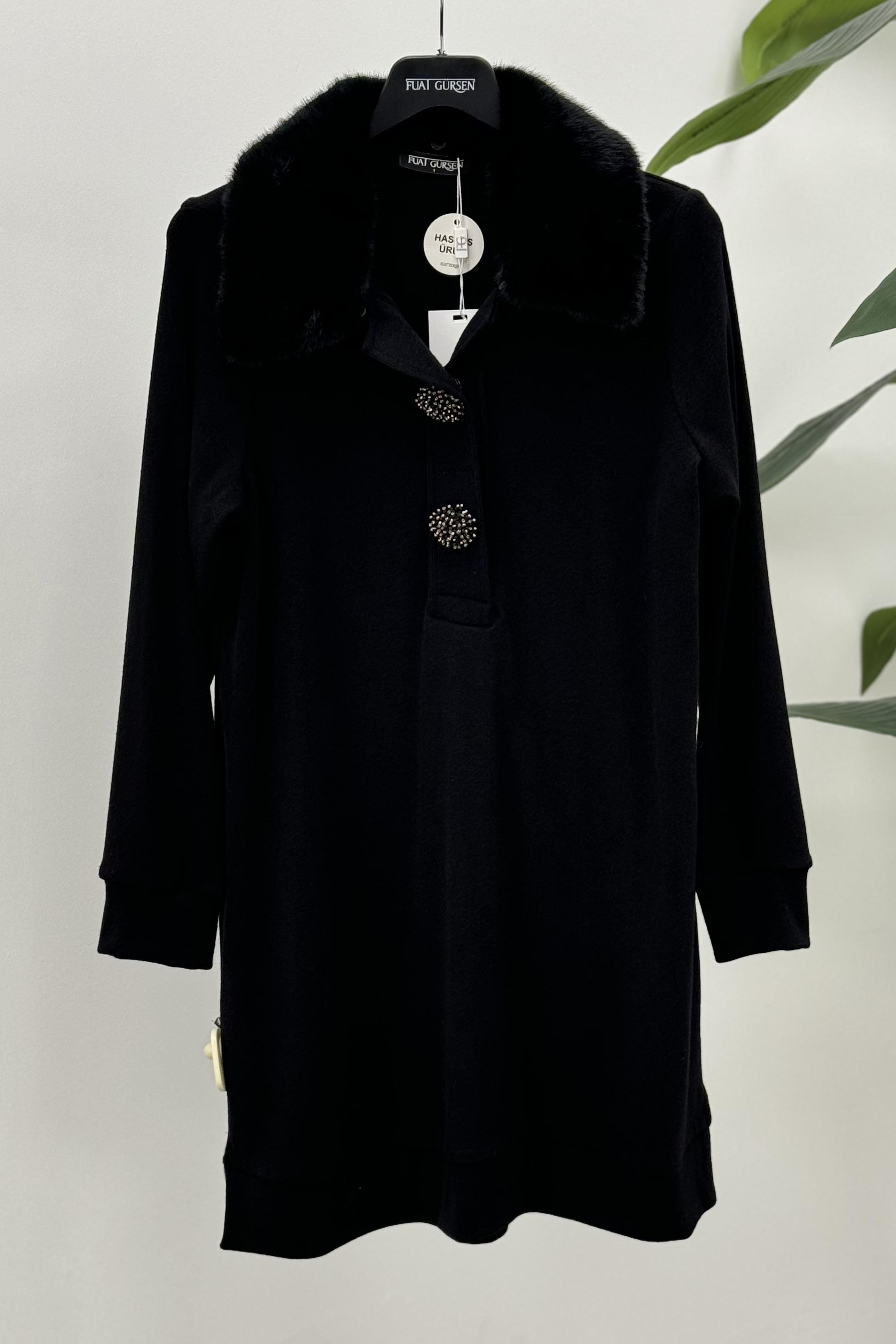 FUAT GÜRŞEN Fuat Gürşen 2334 Yaka Broş Detay Kürklü Tunik - Siyah  Tunik 