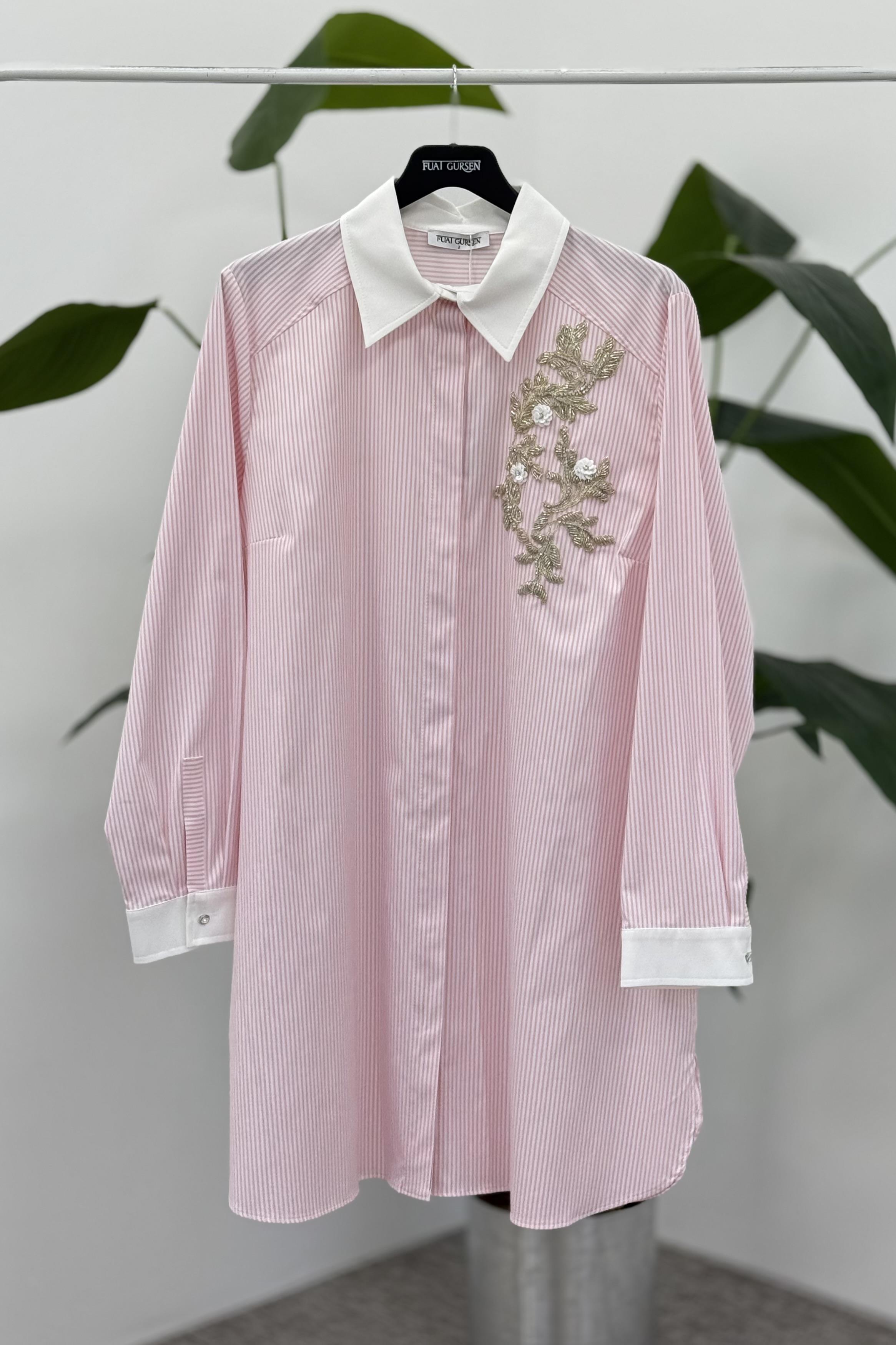 FUAT GÜRŞEN Fuat Gürşen 3301 Nakış Ve Gül Detay Çizgili Tunik - Pembe Fuat Gürşen 3301 Nakış Ve Gül Detay Çizgili Tunik - Bilen Giyim Tunik 