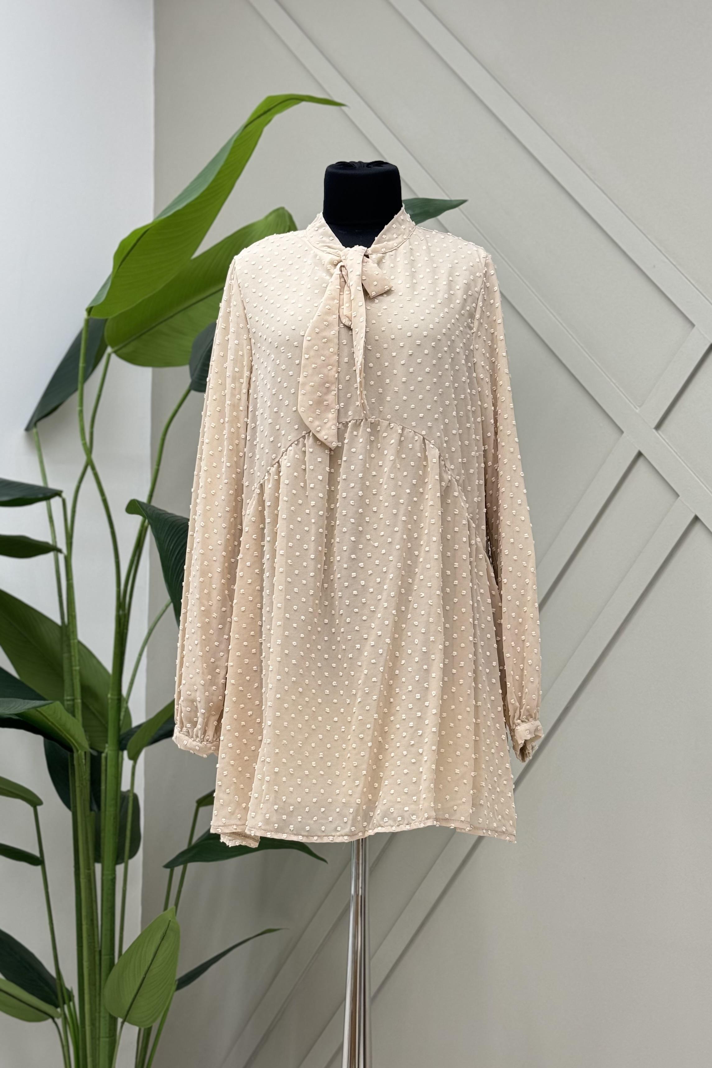 İKOLL Fularlı Şifon Tunik 0030015 - Bej  Tunik 