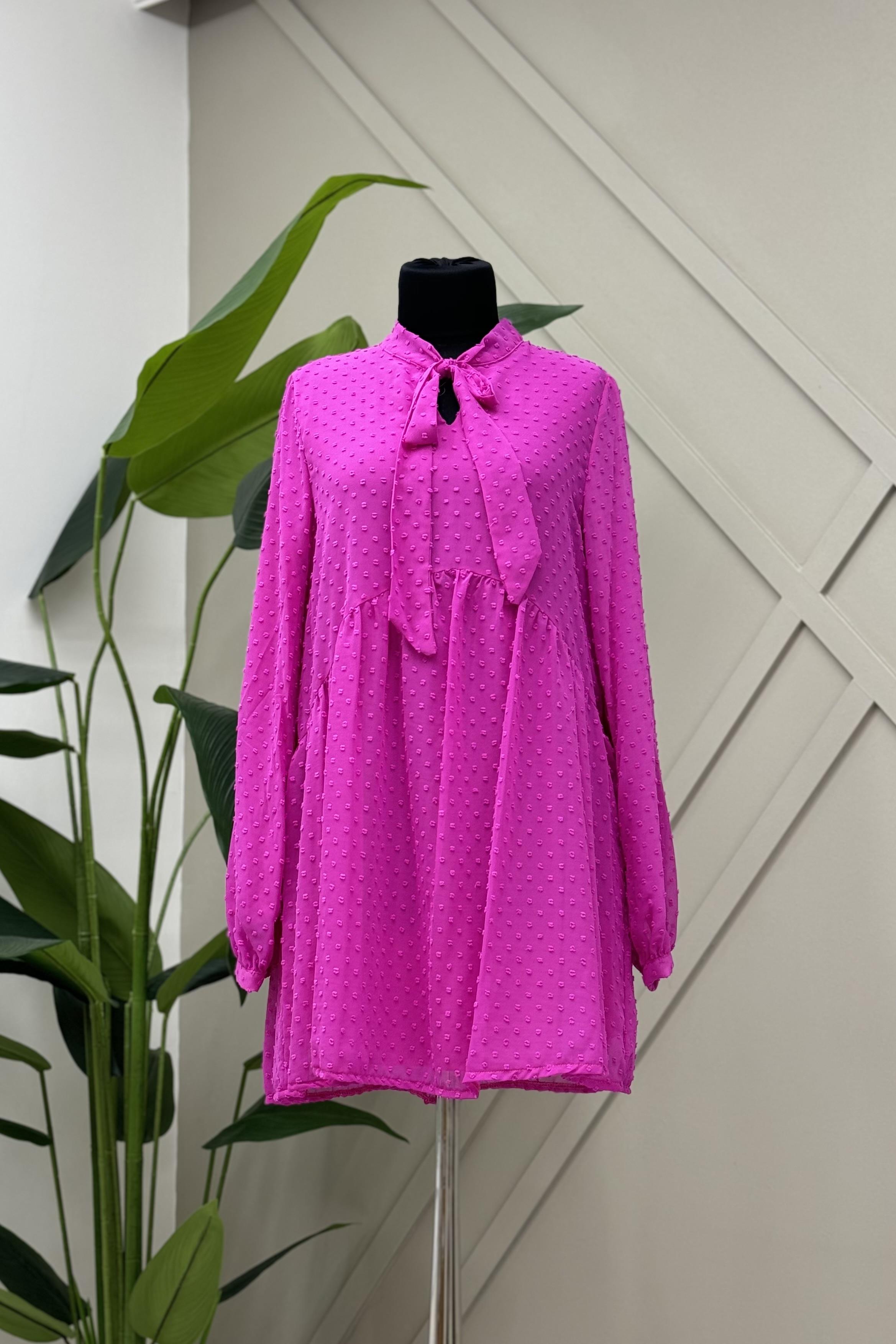 İKOLL Fularlı Şifon Tunik 0030015 - Fuşya  Tunik 