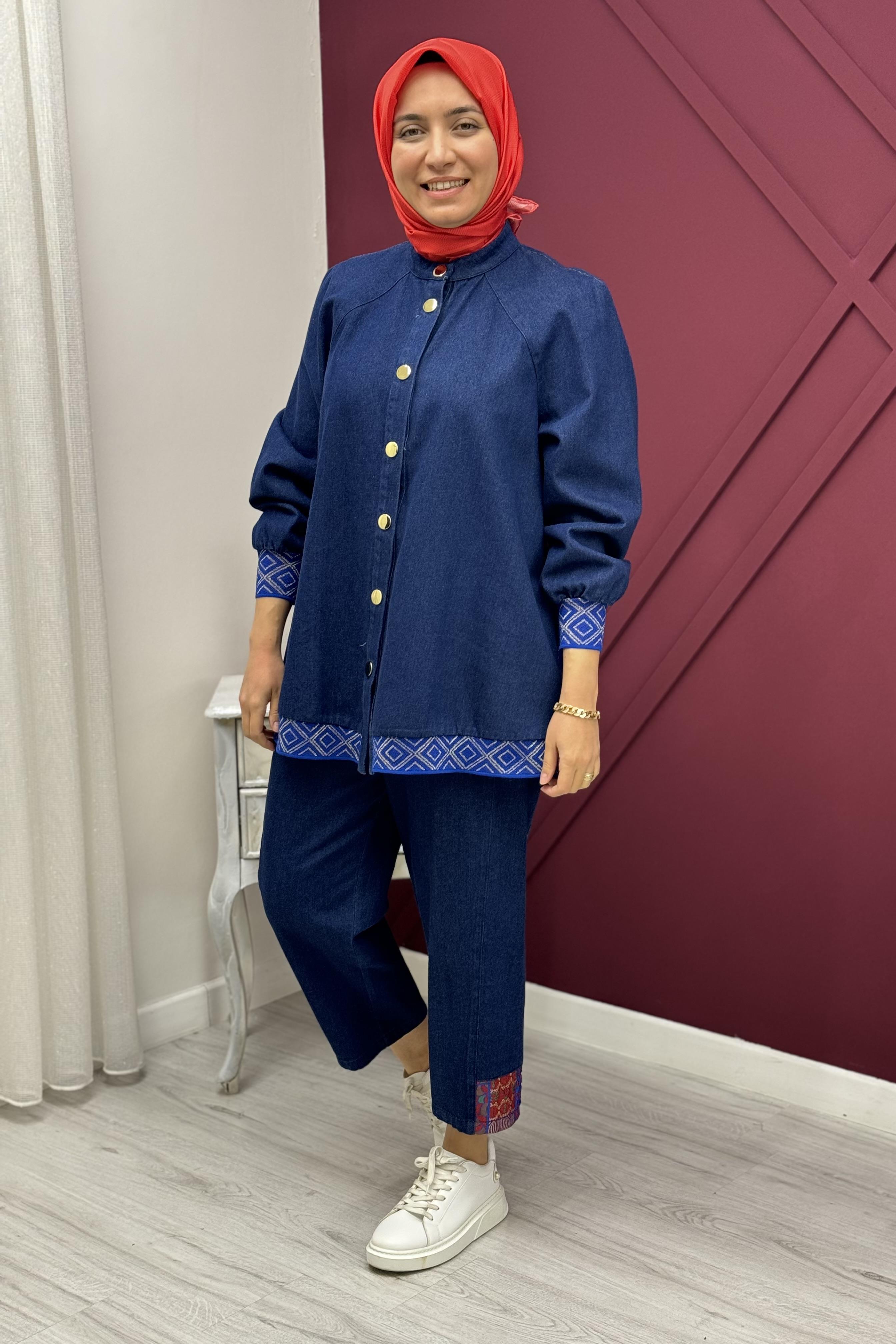 GHİSA Ghisa 3915 Arkası Etnik Desen Kot Pantolonlu Takım - Mavi  Takım 