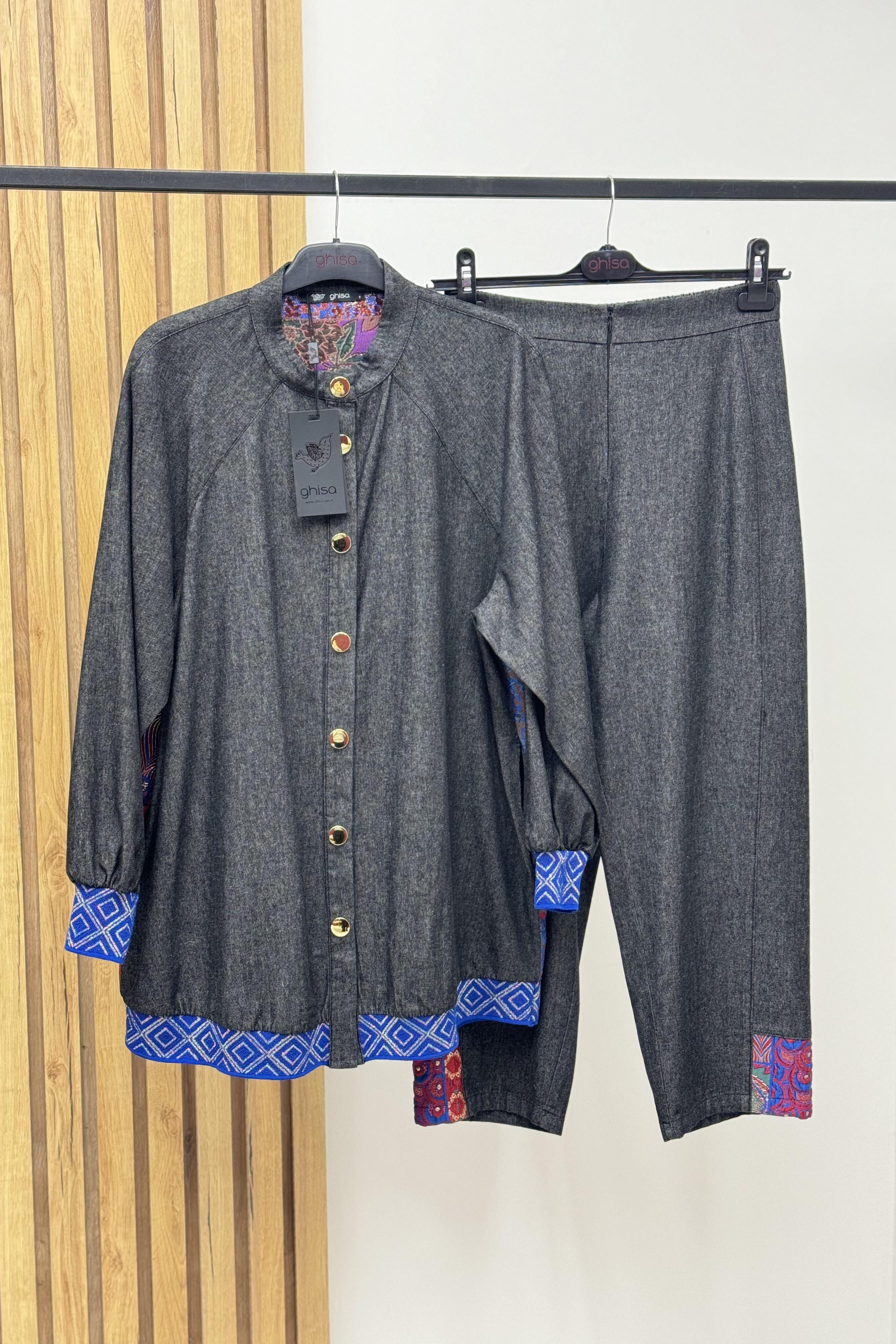 GHİSA Ghisa 3915 Arkası Etnik Desen Kot Pantolonlu Takım - Gri  Takım 