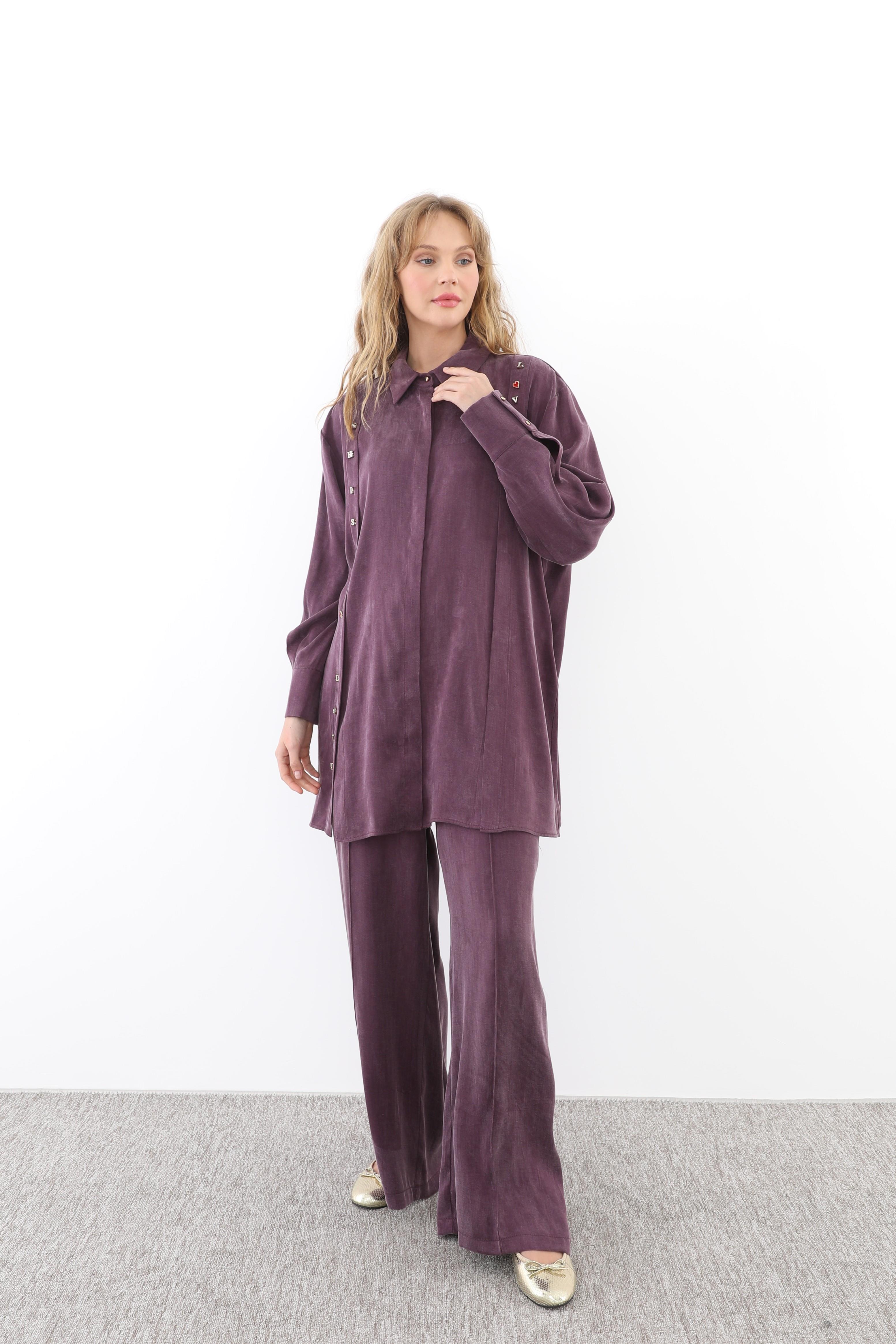 GHİSA Ghisa 4708 Harf Detaylı Pantolonlu Takım - Mürdüm  Takım 