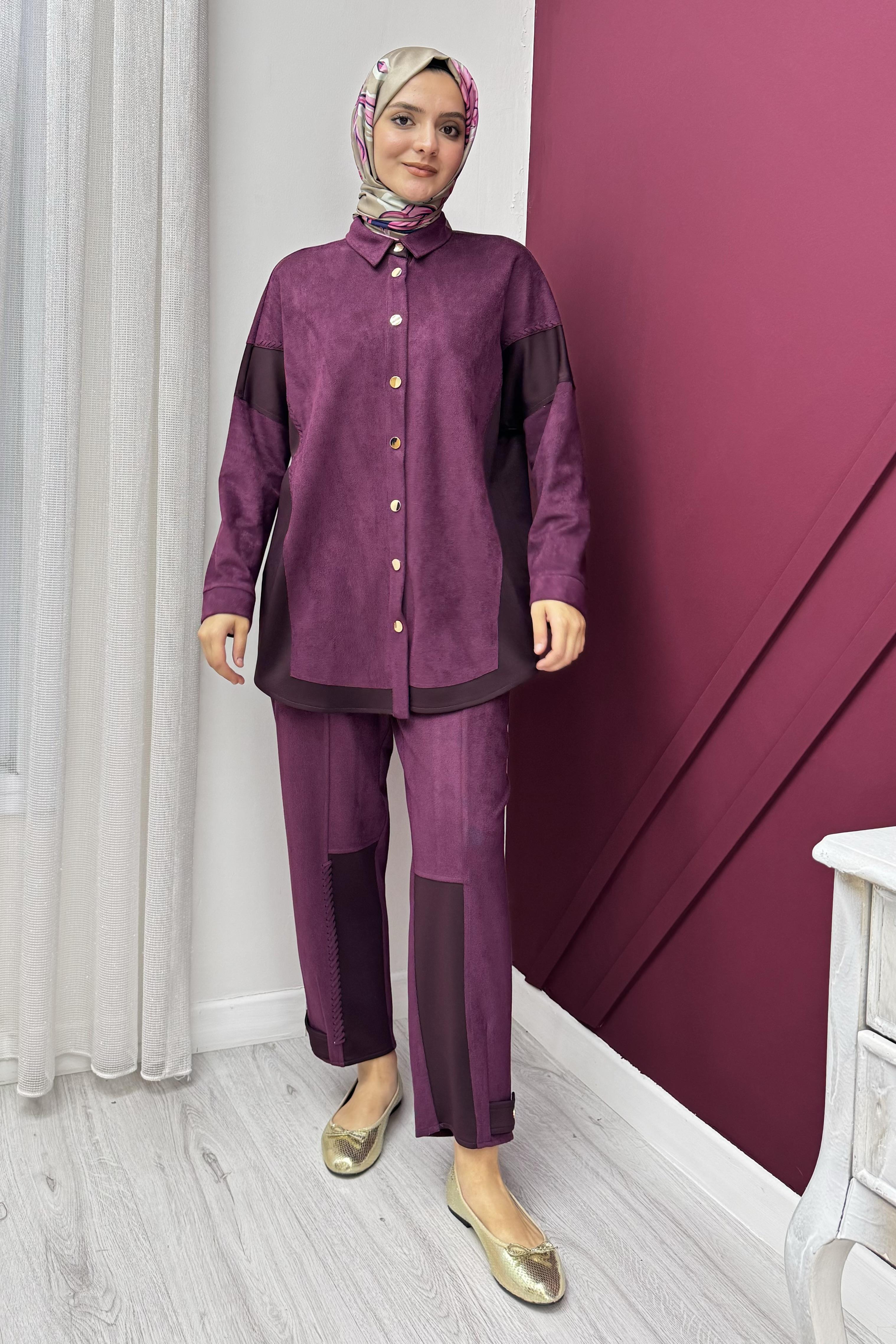 GHİSA Ghisa 4736 Süet Görünümlü Düğmeli Pantolonlu Takım - Mürdüm  Takım 
