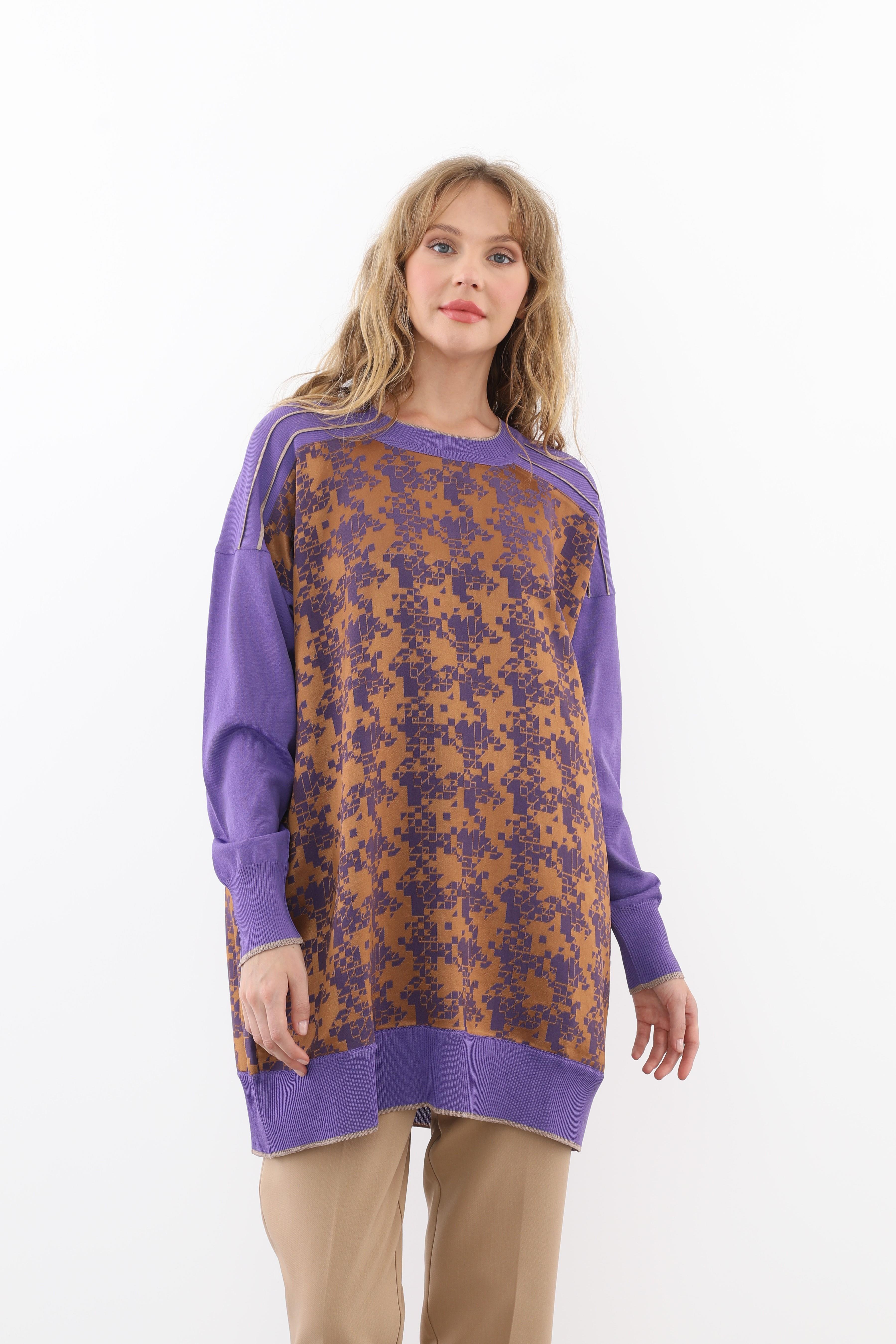 GHİSA Ghisa 4781 Kol Merserize Detay Desenli Tunik - Camel - Mor  Tunik 
