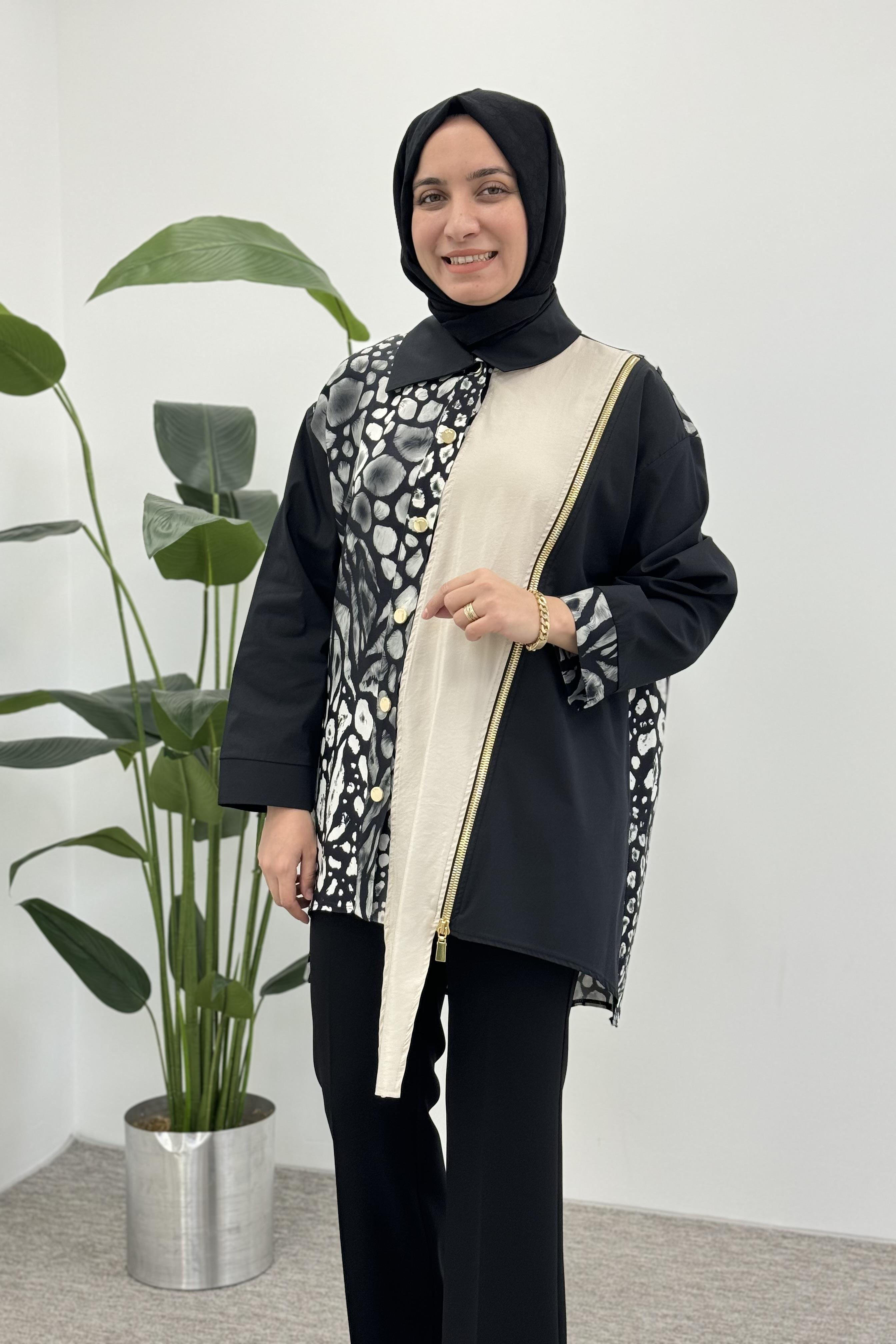 GHİSA Ghisa 4799 Ön Çarpraz Fermuar Detaylı Desenli Tunik - Siyah - Bej  Tunik 