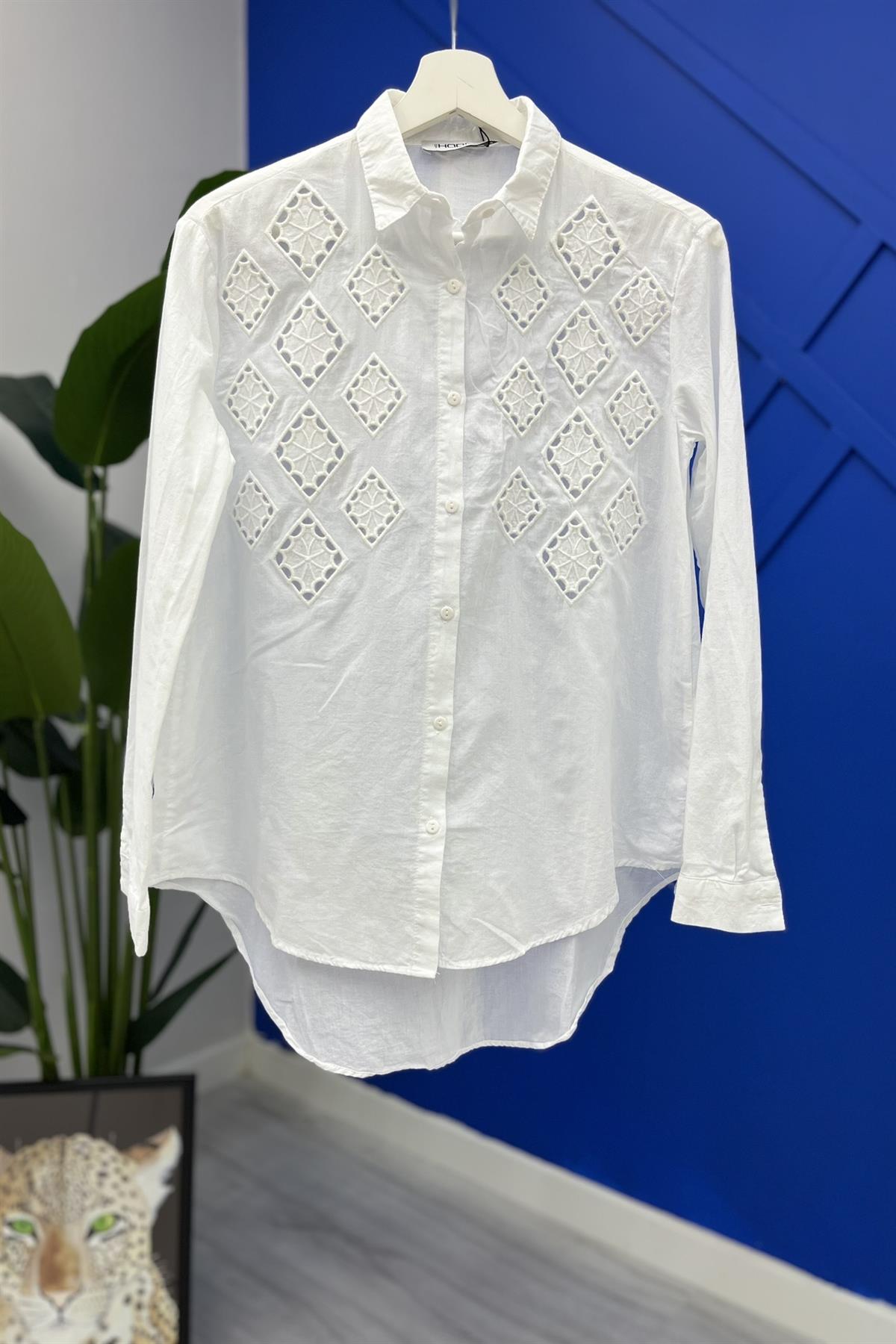 Baklava Desen Fisto Gömlek - Beyaz Bluz & Gömlek HADİSE Bilen Giyim