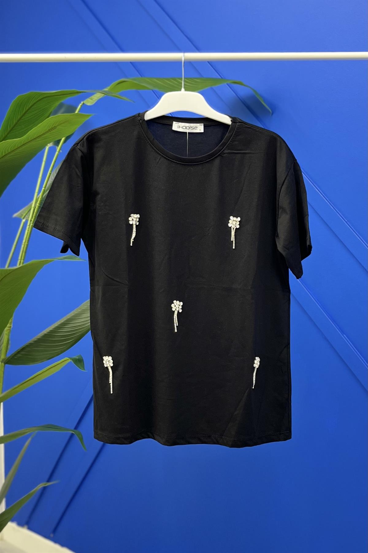 Çiçek Taşlı Tshirt 1677 - Siyah T-shirt HADİSE Bilen Giyim