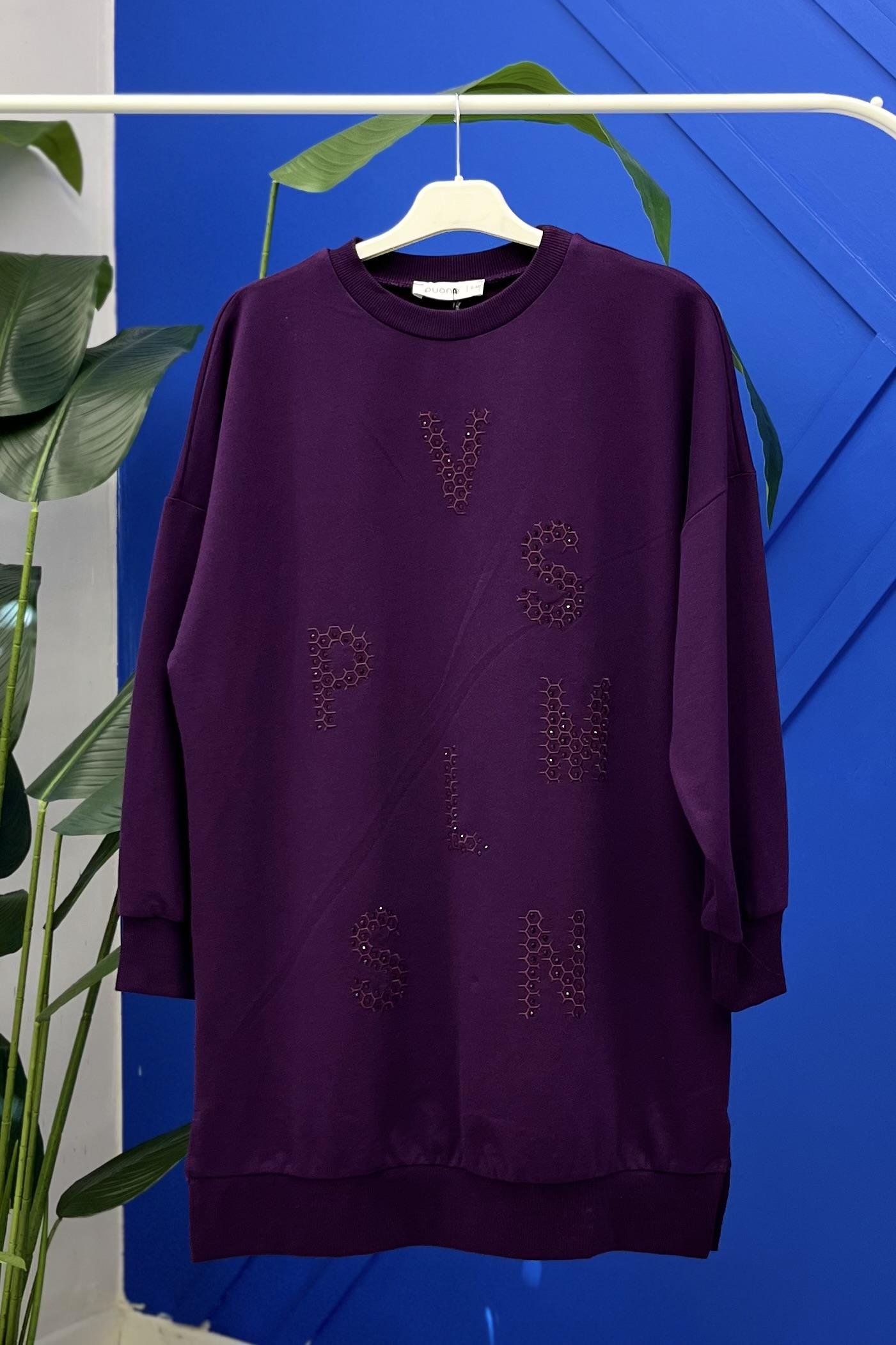 PUANE Harfleri Taş İşlemeli Tunik 10347 - Koyu Mor  Tunik