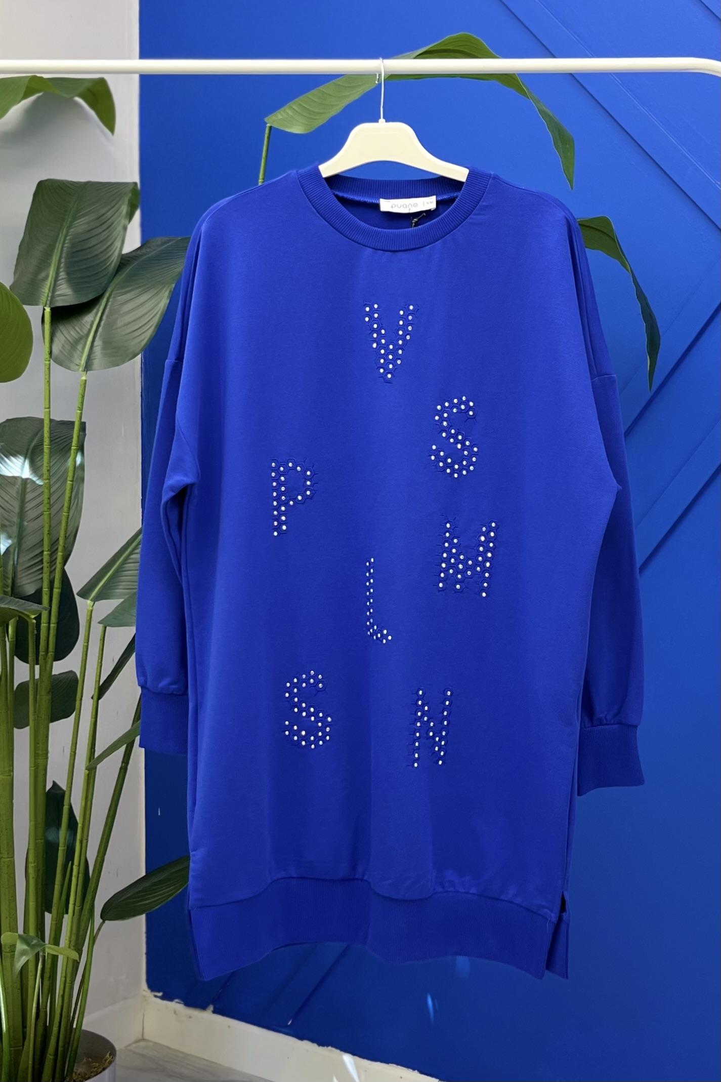 PUANE Harfleri Taş İşlemeli Tunik 10347 - Saks  Tunik