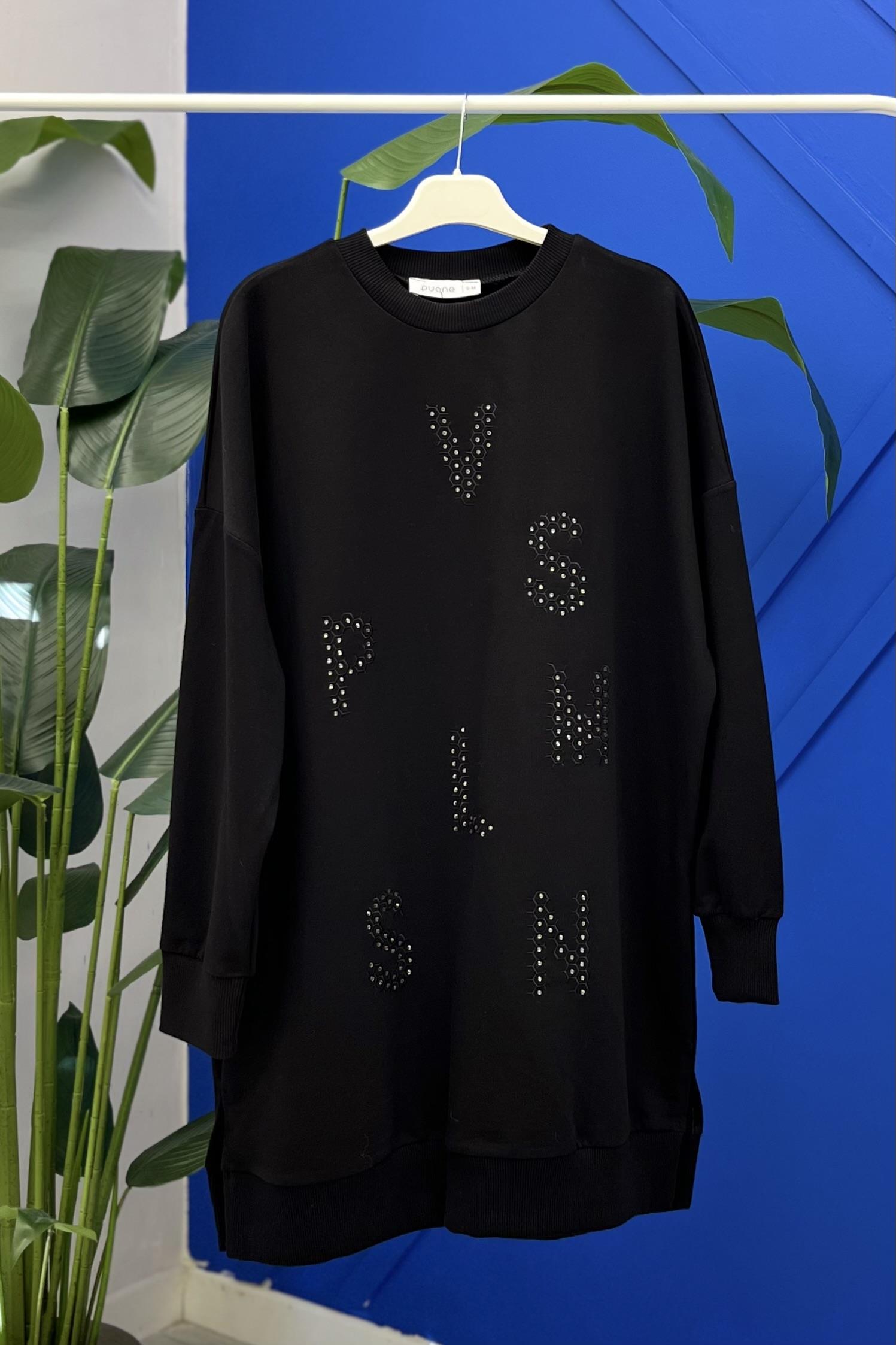 PUANE Harfleri Taş İşlemeli Tunik 10347 - Siyah  Tunik