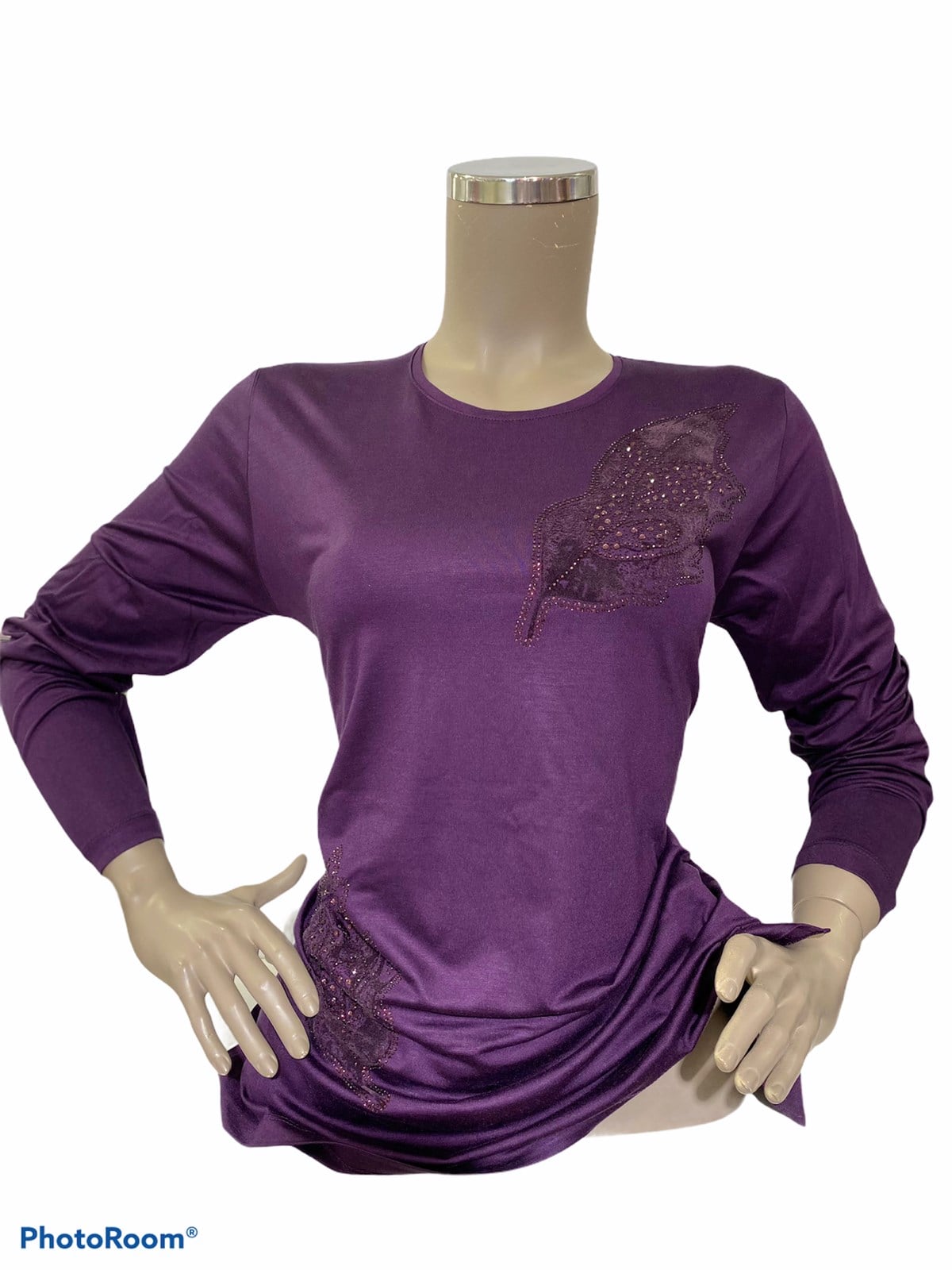 İDEALİdeal 1327 Yaprak Desen Taş İşlemeli Anne T-Shirt - Mor