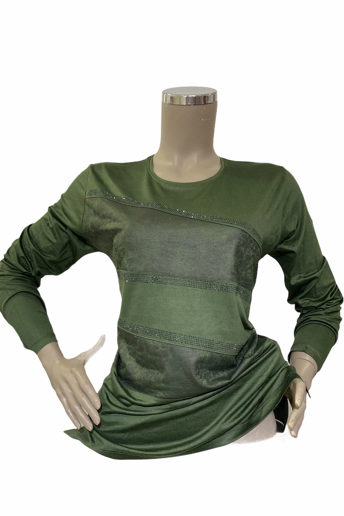 İDEALİdeal 1331 Şerit Deri Detay Anne T-Shirt - Yeşil