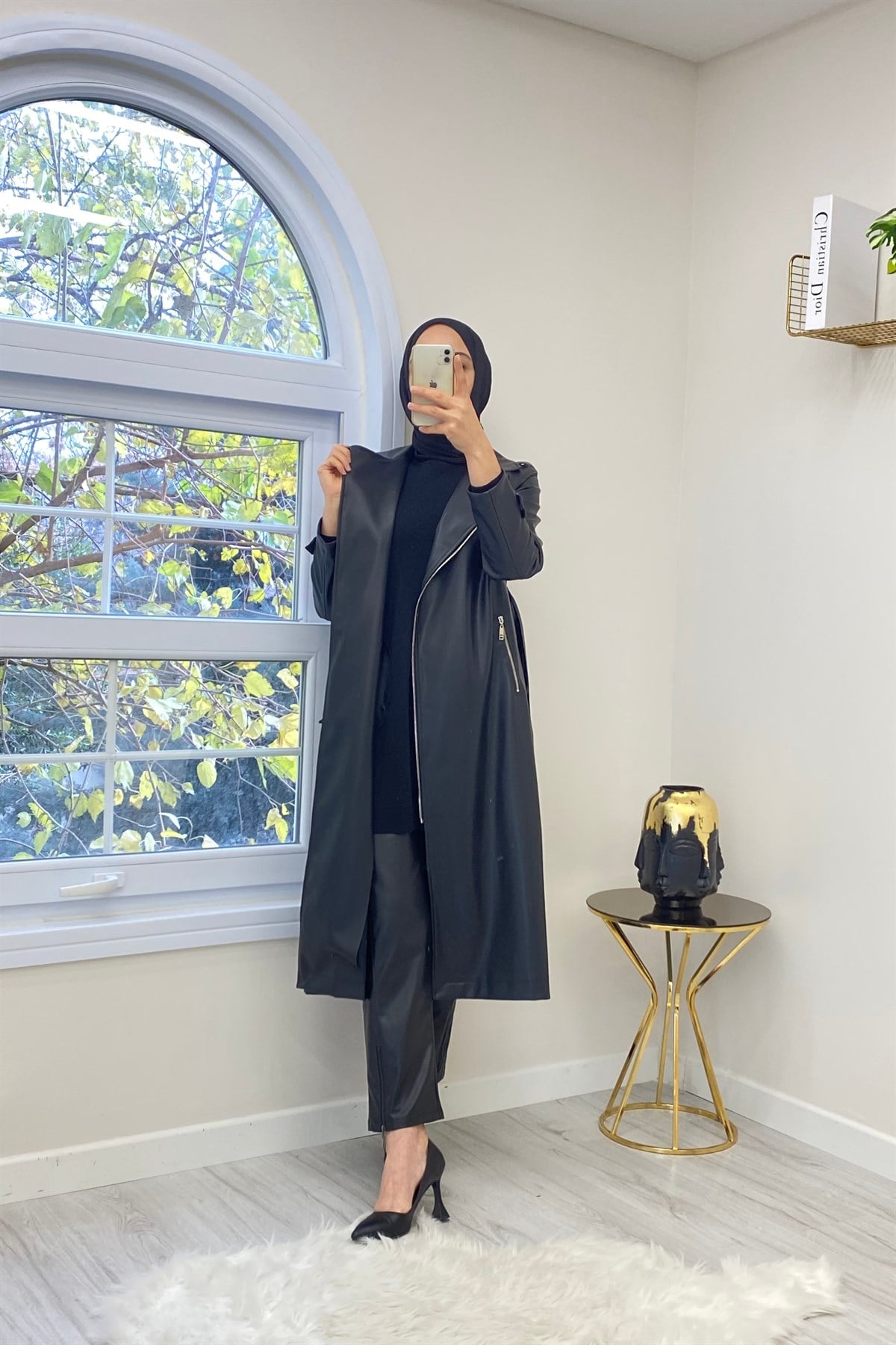 İkoll 25674 Fermuarli Deri Trenchcoat - Siyah Kap İKOLL - Bilen Giyim