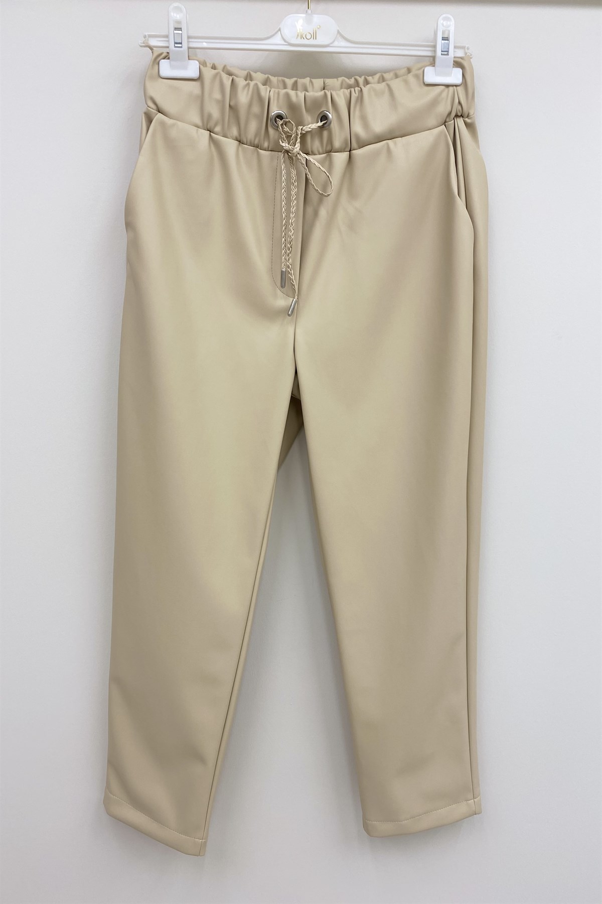 İkoll 25680 Kordon Detayli Deri Pantolon - Bej Pantolon İKOLL - Bilen Giyim