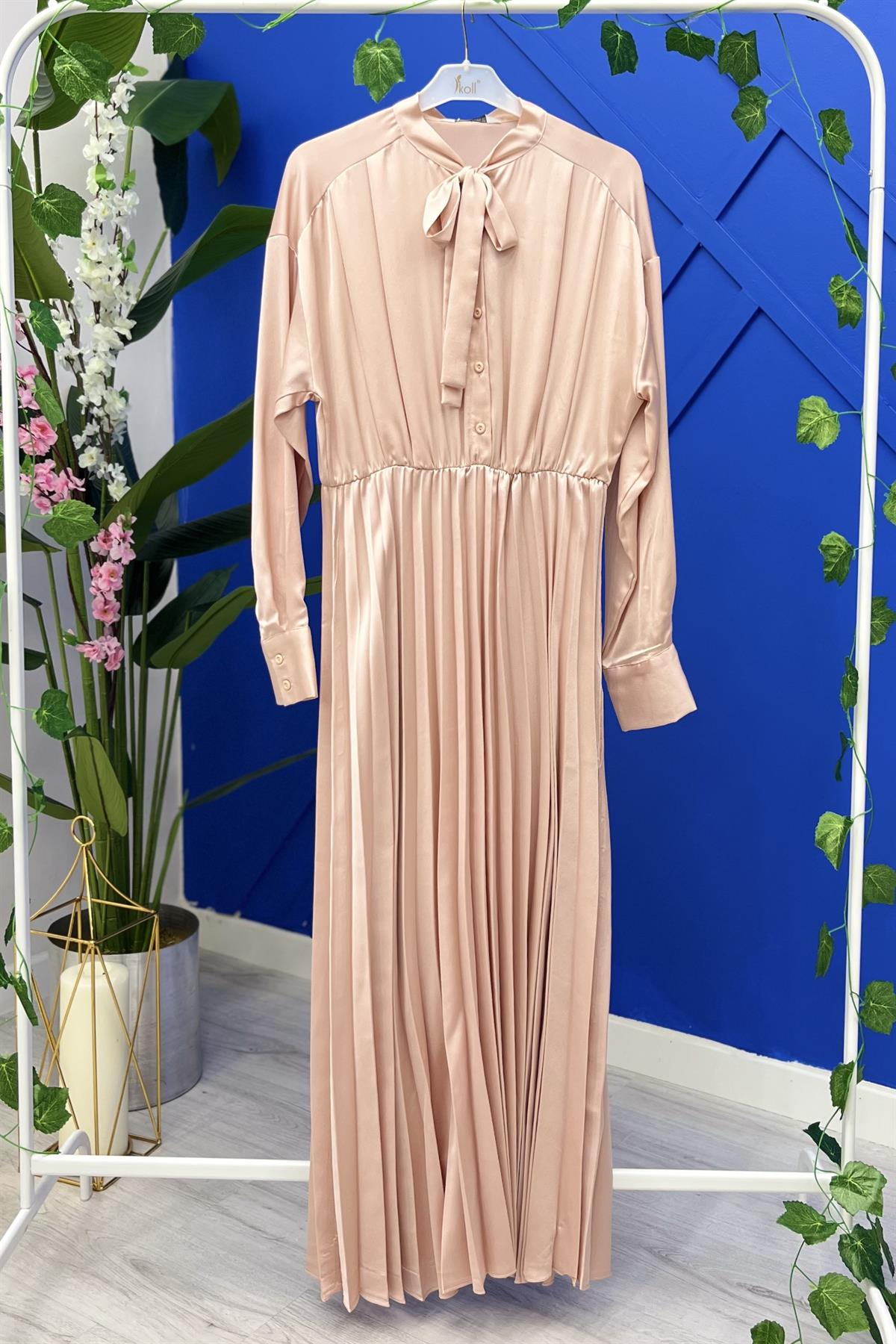 İKOLL Pliseli Saten Elbise 28314 - Pudra  Elbise